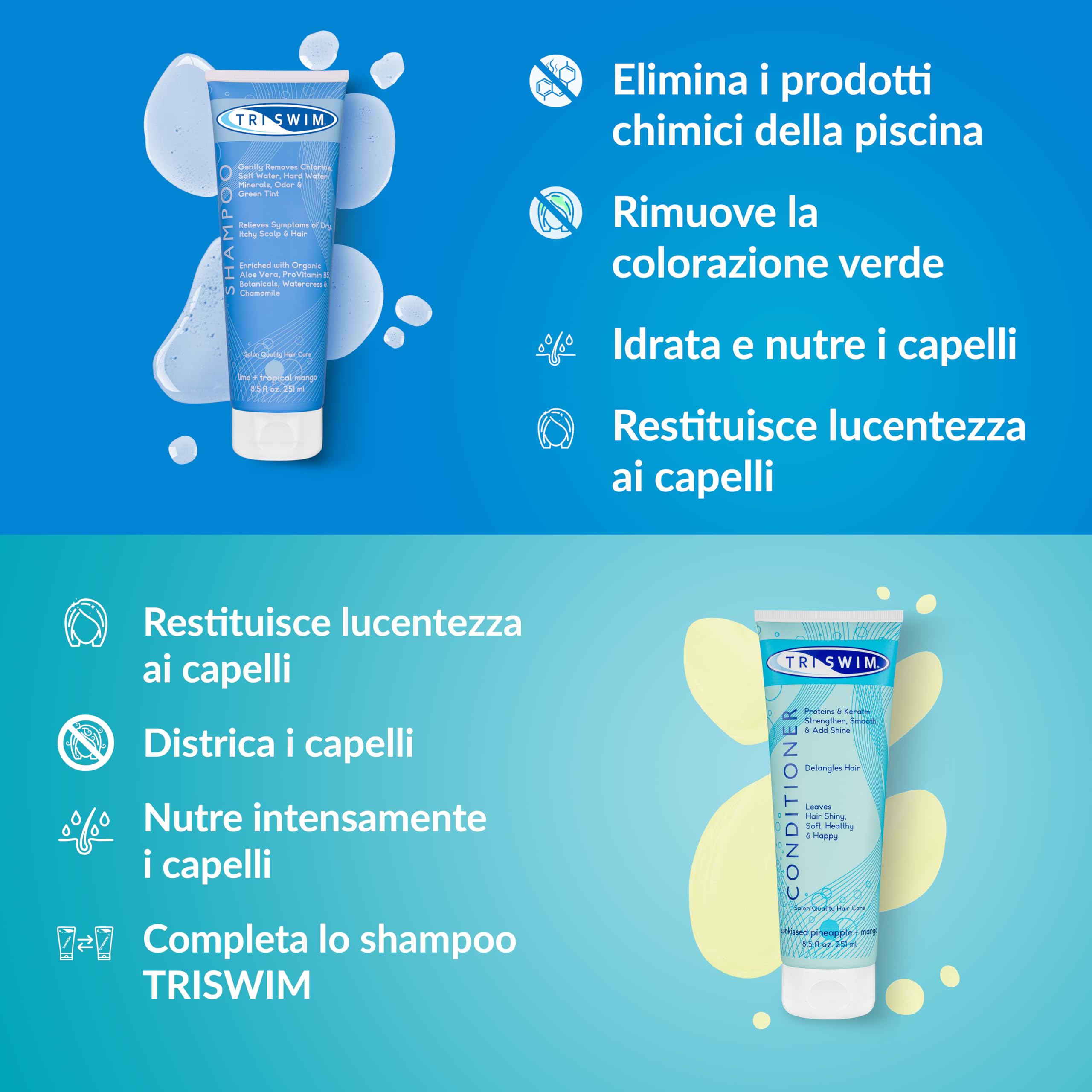 TRISWIM - Pacchetto per la Cura dei Capelli per la Rimozione del Cloro, Shampoo Idratante Per la Rimozione Cloro, Balsamo Capelli Per Nuotatori, Trattamento Anti Cloro per Nuotatori (251+251ml)