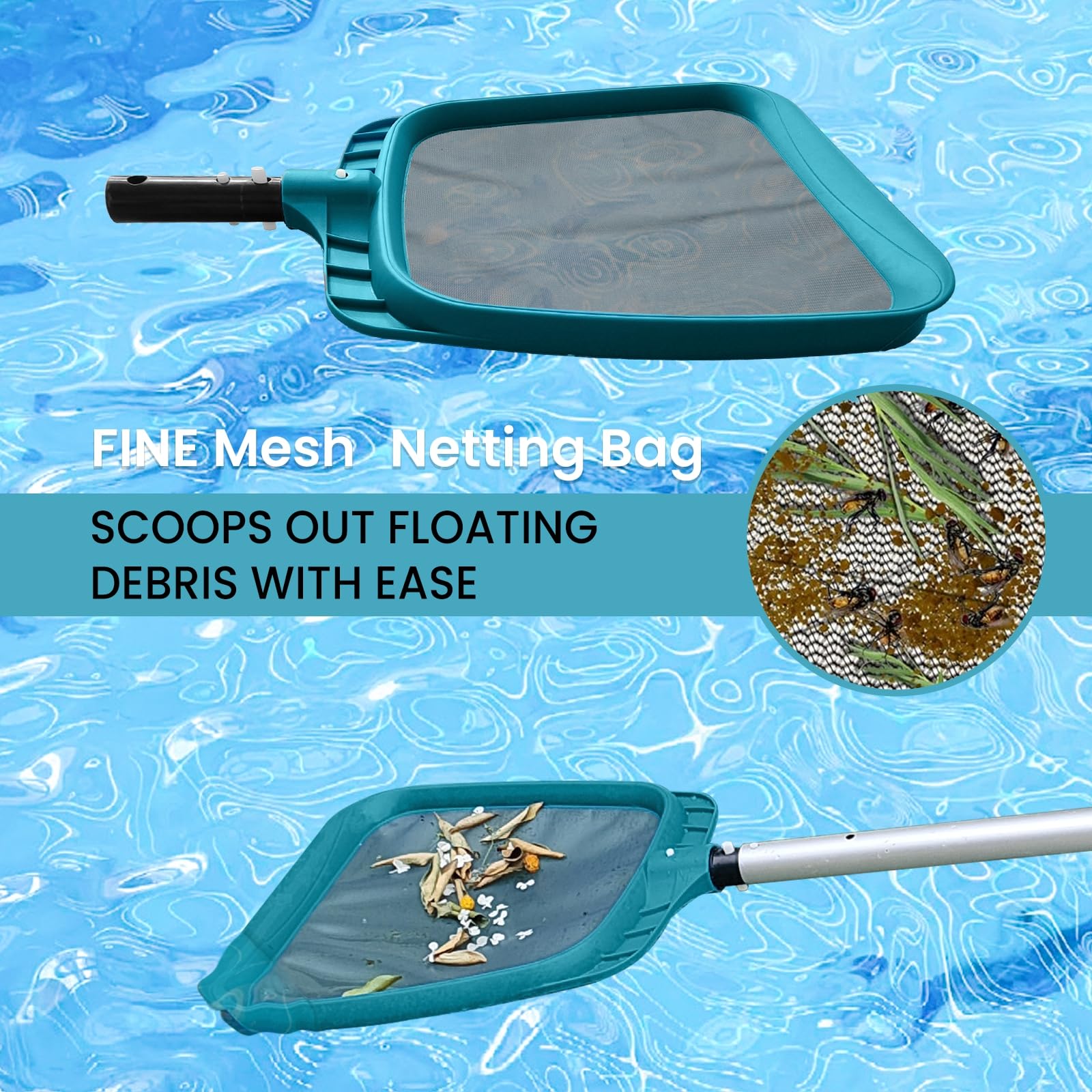 POOLWHALE Economy Schwimmbad-Reinigungsset, feinmaschig, tiefes Poolrechen & Laubskimmernetz, drehbarer Poolbürstenkopf für die Reinigung oberirdischer und eingehender Pools (ohne Stange)