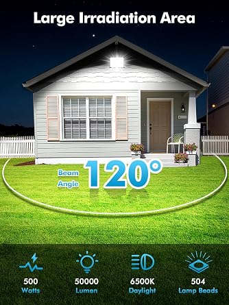 500W LED Floodlight Outdoor,50000LM Super Bright LED Security Lights,6500K Cold White Flood Lights Outdoor,IP66 Waterproof Outside Light,Outdoor Light for Yard Garden Garage [Energy Class F]