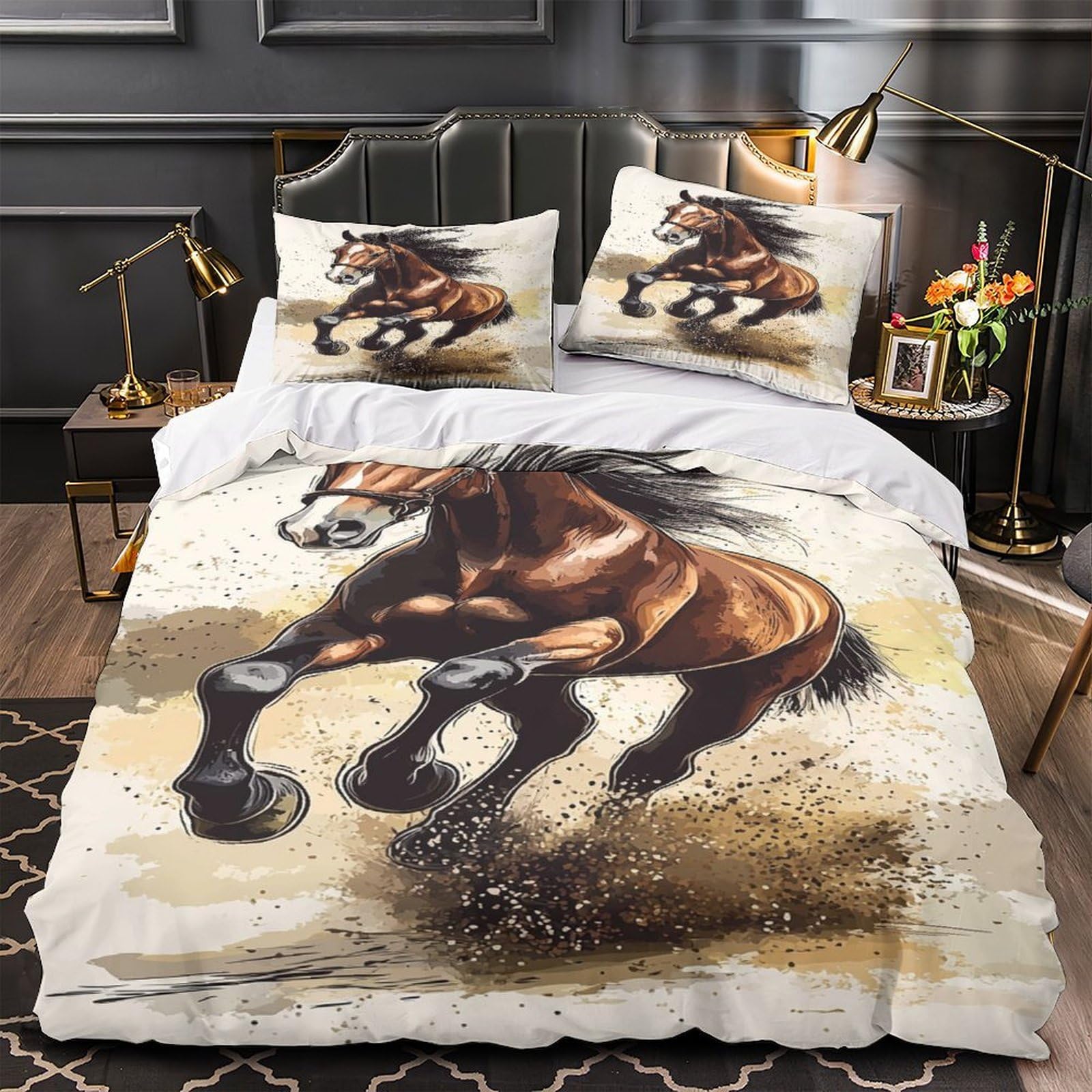 Housse de couette cheval 3D super king 260x220 cm en microfibre avec 2 taies d'oreiller