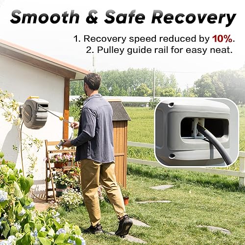 Miniatura 5 de GLAHODEN Carrete de manguera de jardín retráctil, carrete de manguera de agua con sistema de retorno lento de 58 pulgadas x 65 pies + 6 pies, diseño