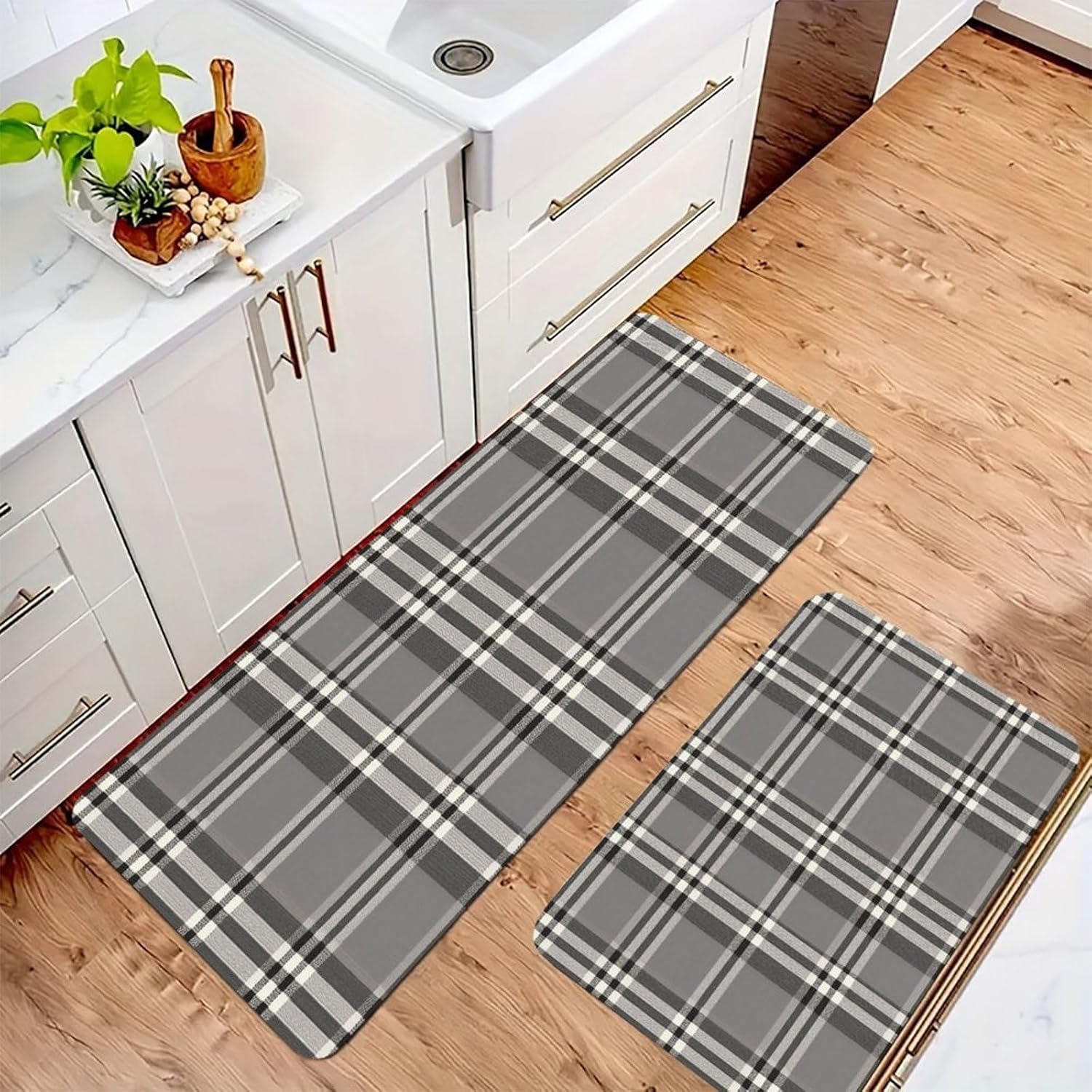 Gray Plaid Lines Kitchen Mats with 2PCS Non-Slip Washable,Kitchen Rug Heavy Duty Durable, Floor Mats for Kitchen,Office,Sink,Laundry