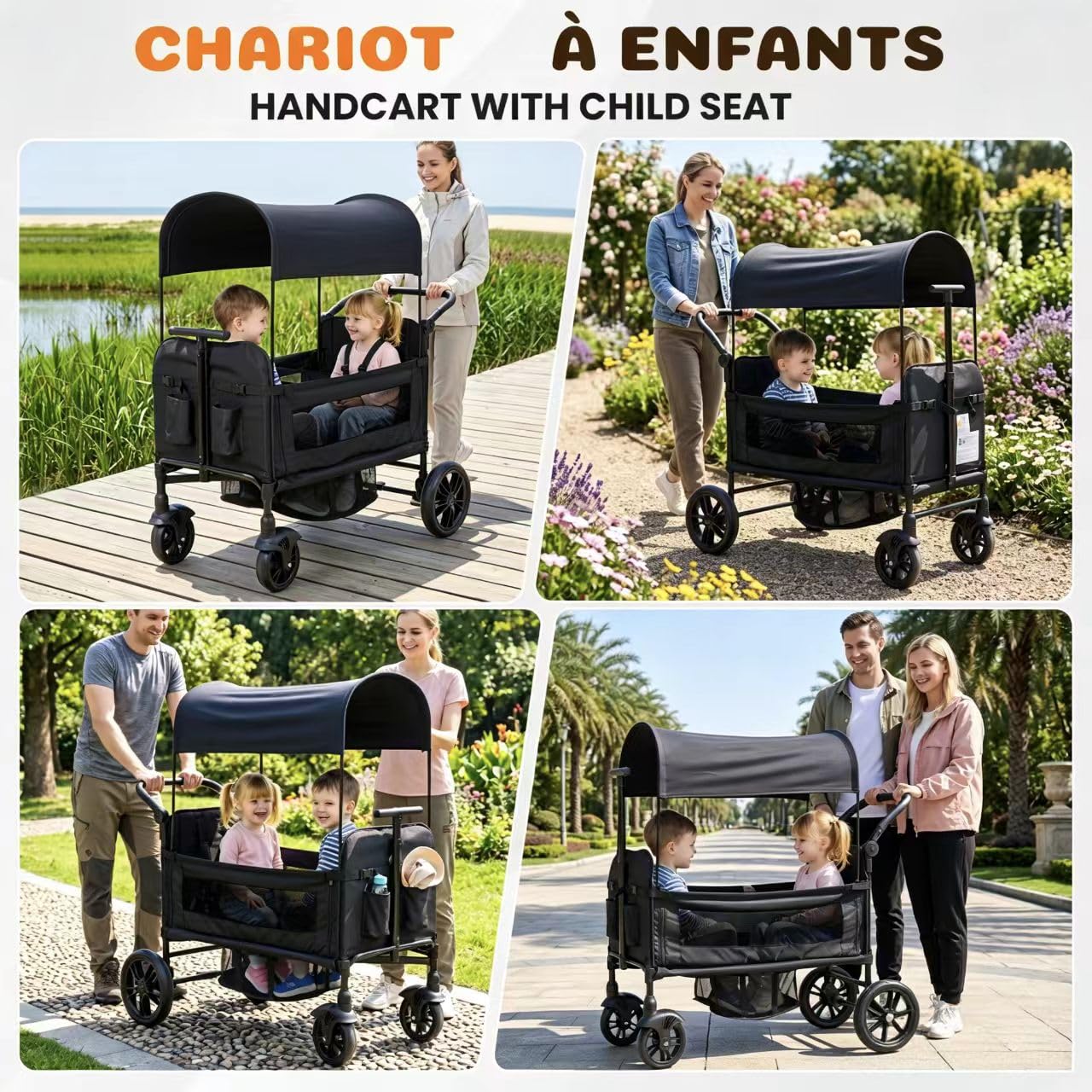 Chariot Enfant 2 Places Pliable Noir pour Vacances Plage, Harnais 5 Points de Sécurité, Toit Pare-Soleil, Poignée 8 Hauteurs Réglable, Roues EVA Silencieuses, Tablette Intégrée