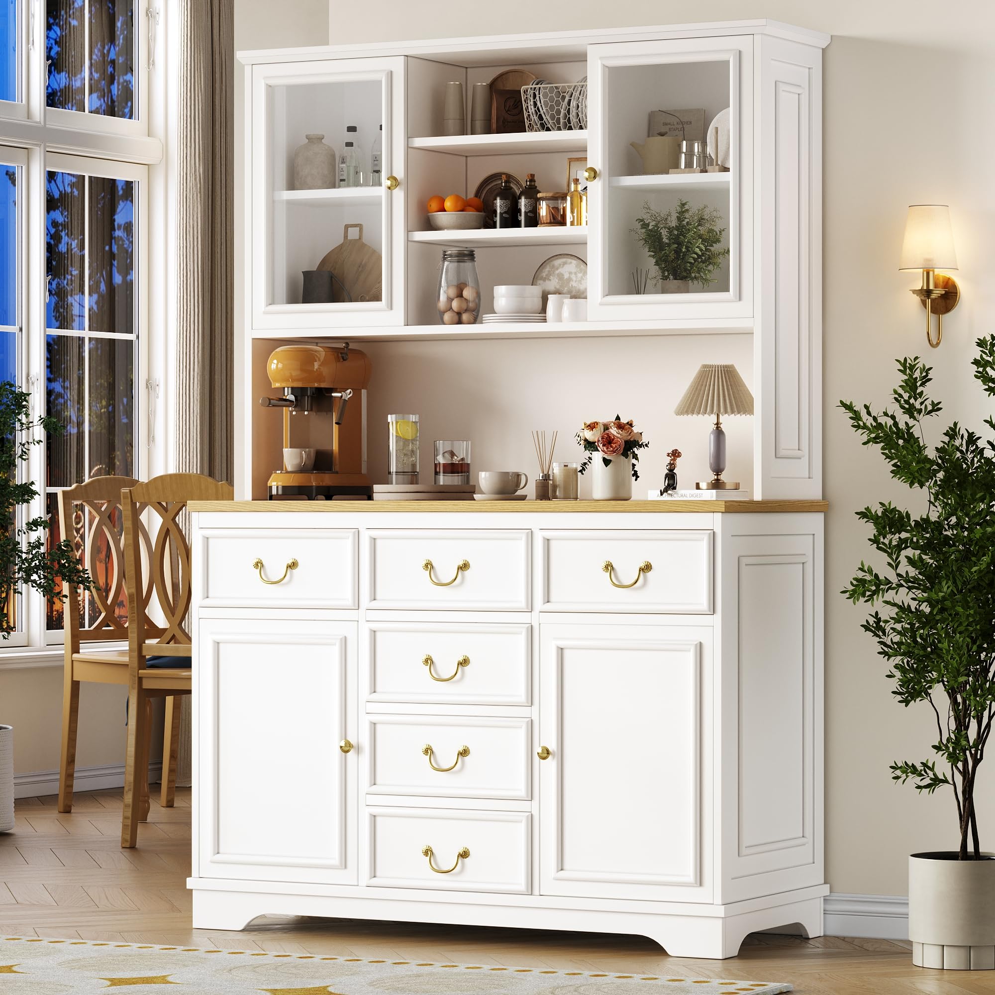 Küchenschrank Hochschrank mit LED,Buffetschrank Esszimmerschrank mit USB-Anschlüssen & Steckdosen,Küche Aufbewahrungsschrank mit Snackregaltüren & Standorte der Mülleimer,118×39.5×180cm