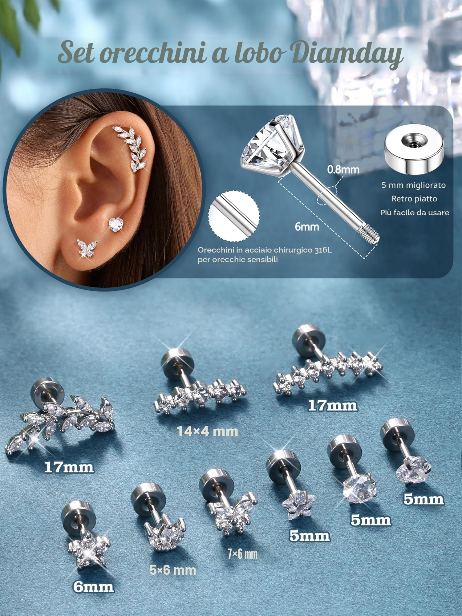 Diamday 9Pcs Piercing Orecchio Acciaio Chirurgico Orecchini Donna Anallergici Helix Trago Piercings Set Orecchini Cartilagine Argento Oro Piercing Helix Trago Conch Gioielli