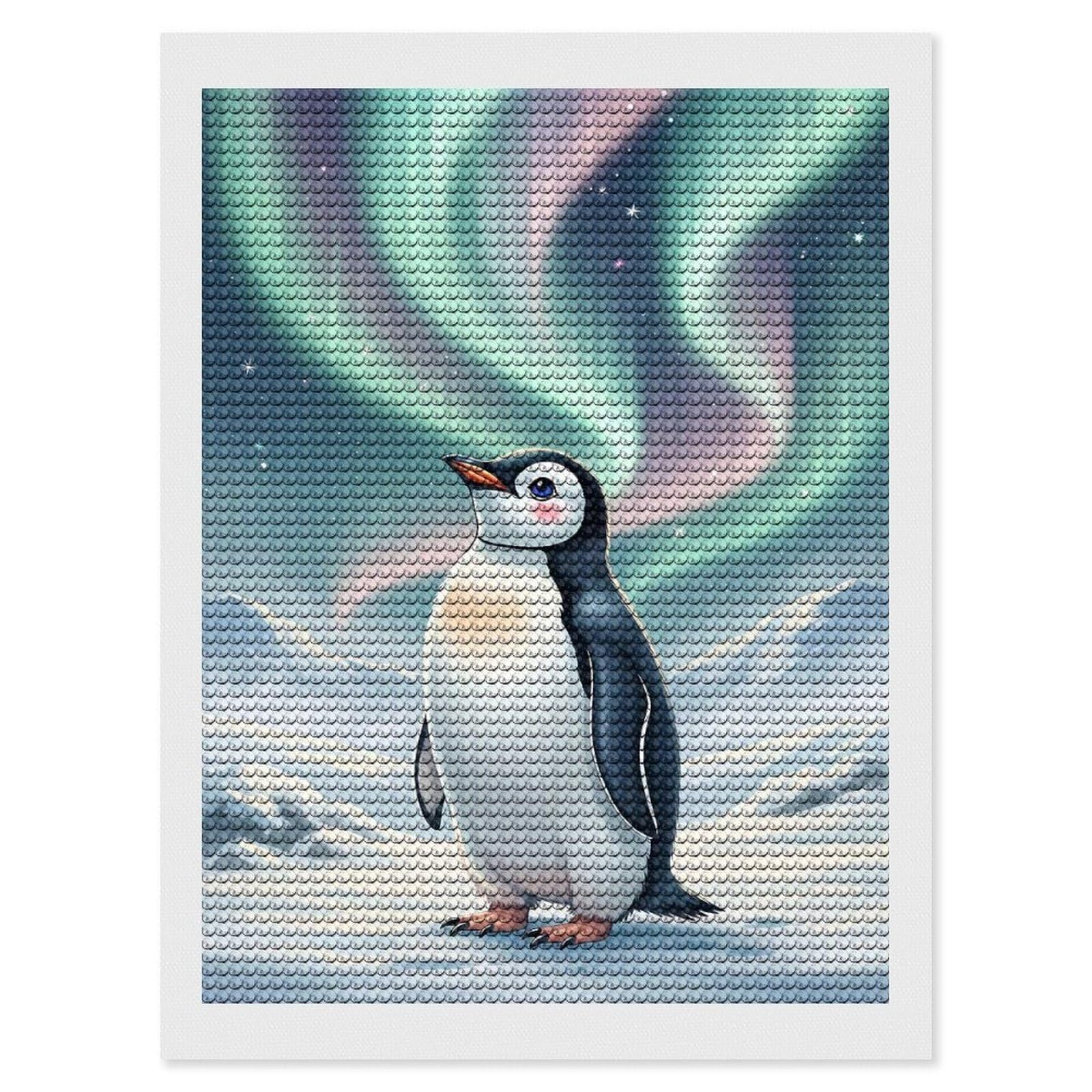 Junmoney Cartoon Penguin Under Aurora Borealis Diamond Art Kit 12"x16", Modern Decor, for Adults, Printed Canvas, Holiday Gift Idea, Fun Craft Experience