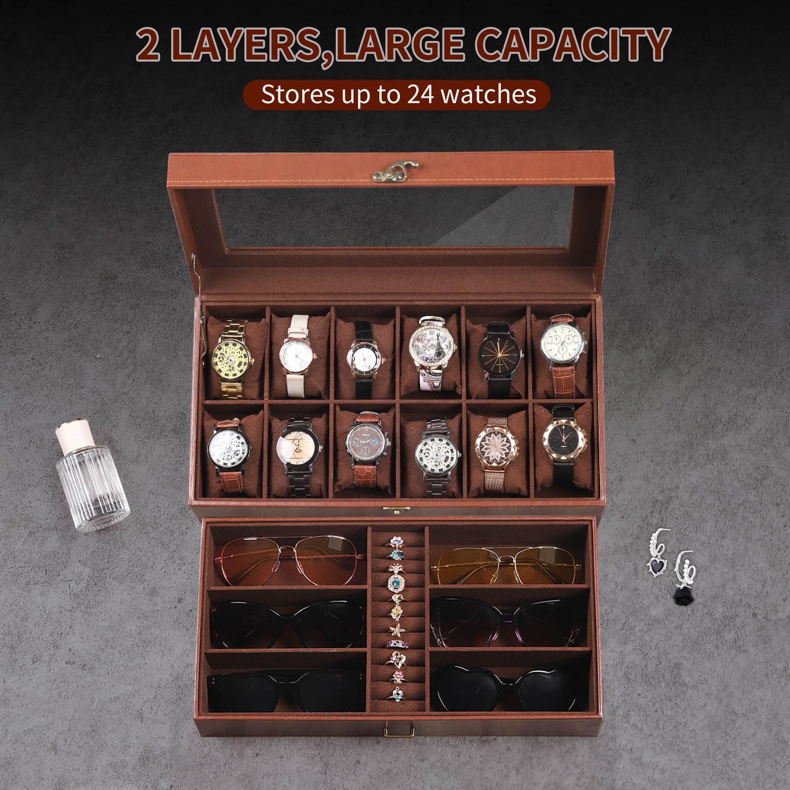 AUTOARK Caja de cuero y terciopelo para 12 relojes y organizador de lentes de sol de 6 piezas, 2 capas con 1 cajón, con cerradura, parte superior de cristal grande, MKAW041