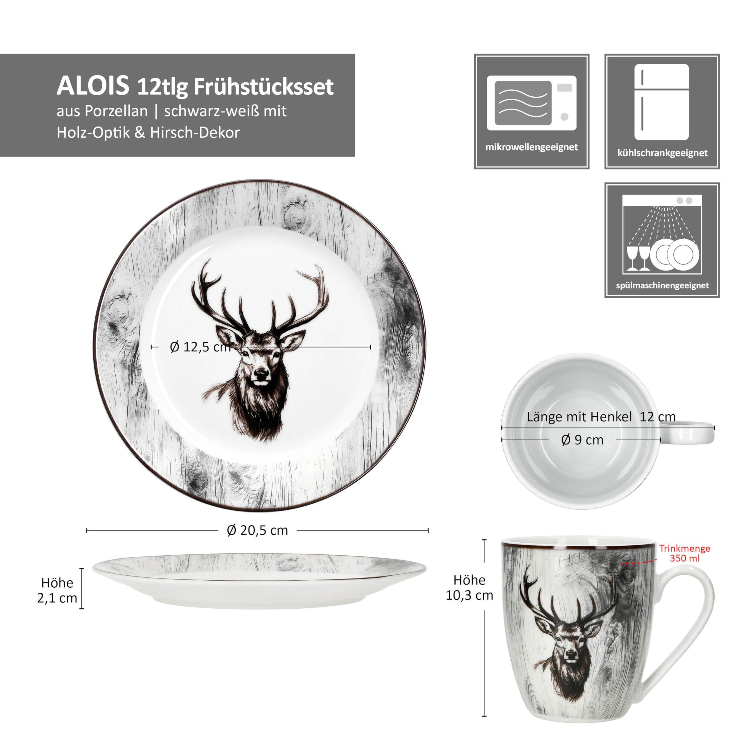 MamboCat Alois 12tlg Frühstücksset I je 6x Frühstücksteller & Kaffeebecher 350 ml aus Porzellan I 6 Personen I Holz-Optik & Hirschmotiv in Schwarz-Weiß I für Frühstück & Kaffee