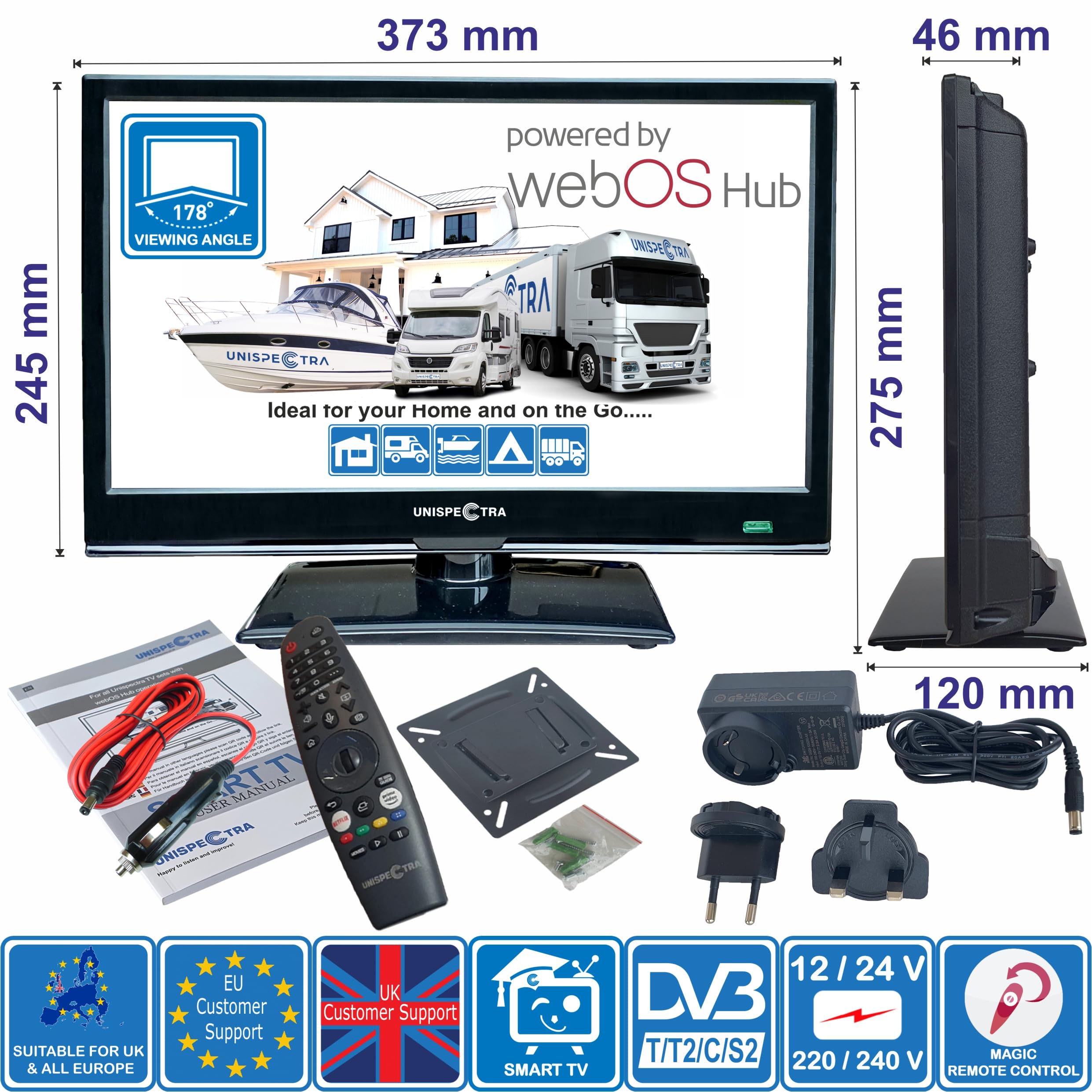 Unispectra ® 16" Smart TV (webOS) 12V Full HD LED 230v 24v Triplo sintonizzatore: satellitare, terrestre, cable. HDMI USB Telecomando magico TV 12V per camper, caravan, furgone, barca