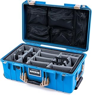 ColorCase Pelican Air 1535 Carry-on Case Electric Blue - Medium Size Waterproof Case with Gray Padded Microfiber Dividers & Mesh Lid Organizer - Desert Tan Handles & Latches