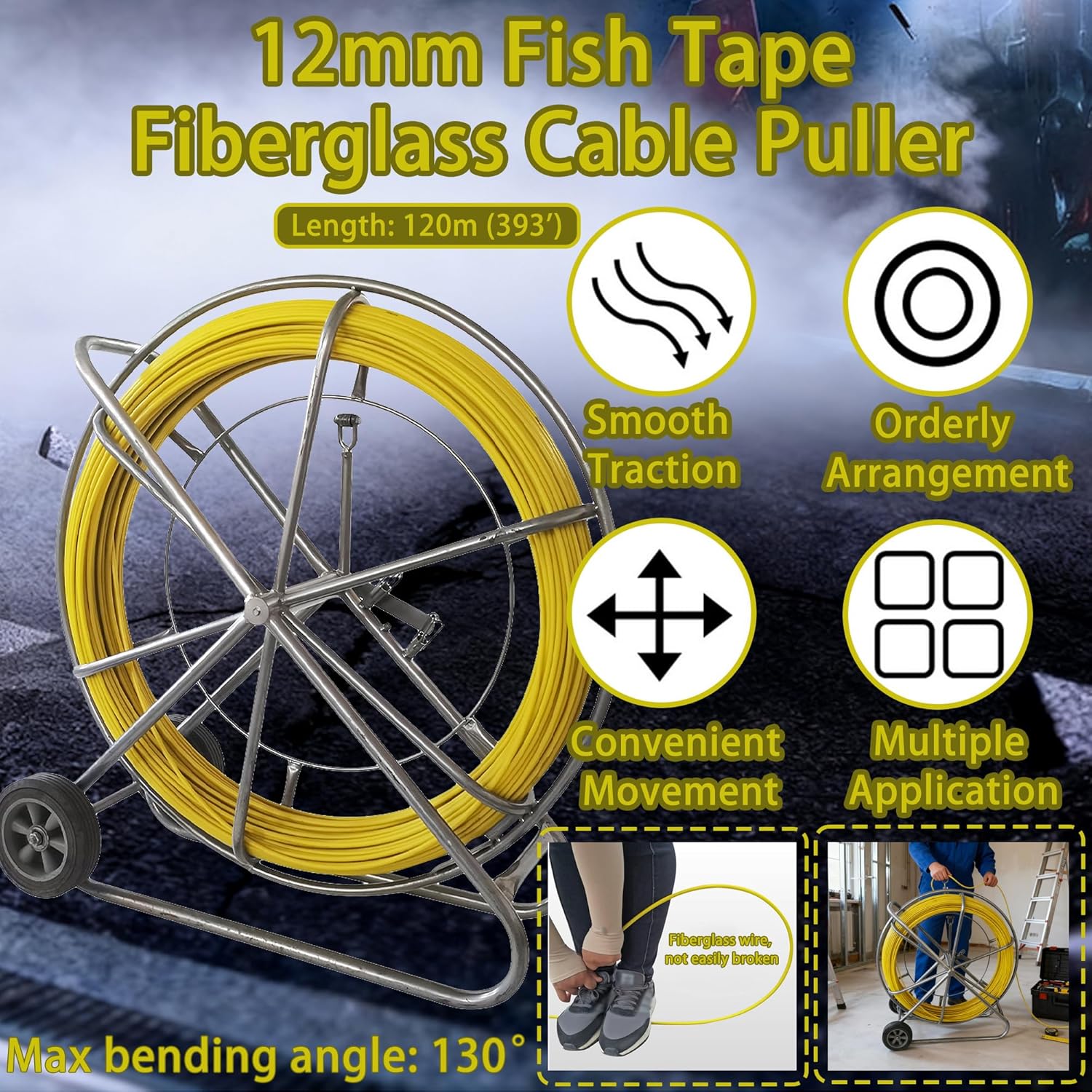 Fiberglass Fish Tape, Duct Rodder Wire Puller with Steel Reel Stand & Brake, High Tensile Strength Cable Running Rod 12mmx120m for Electrical Conduit, Pipeline Cleaning & Telecom Wire Laying