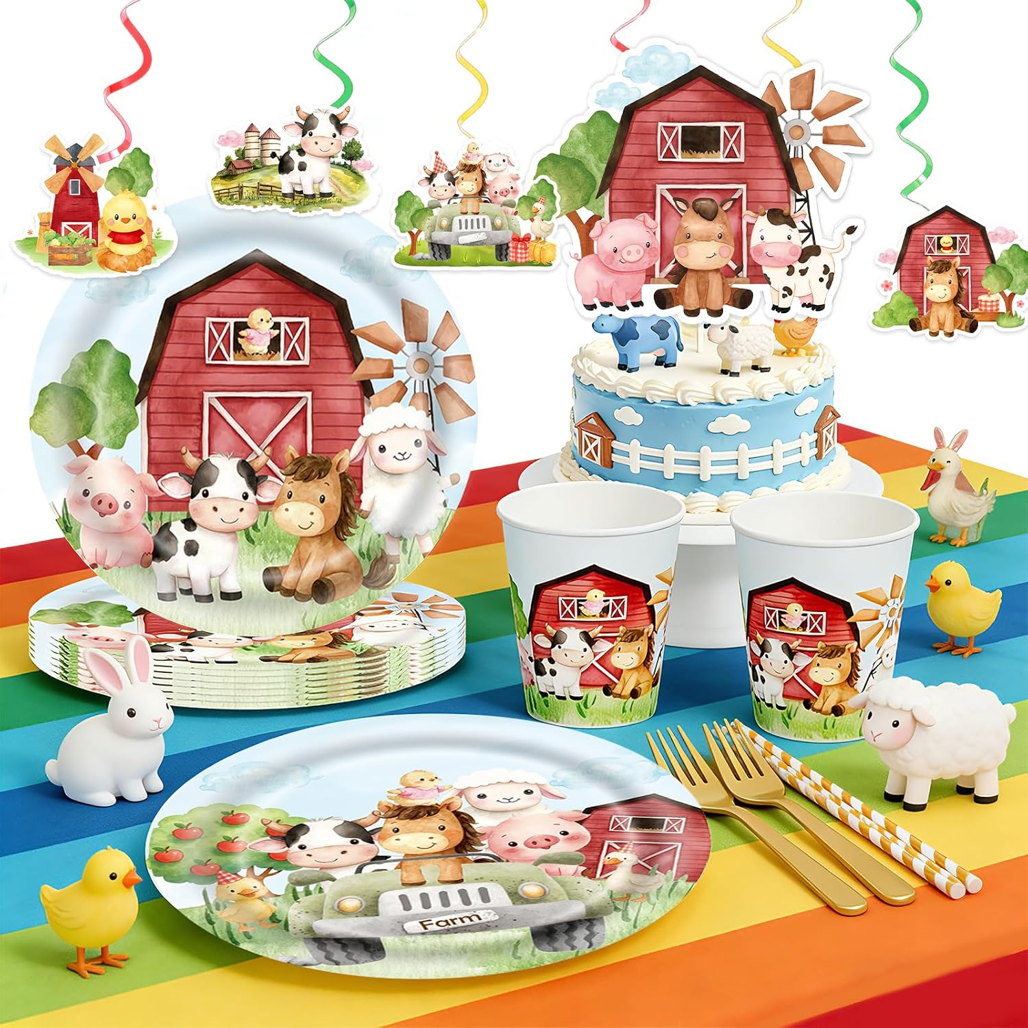 Hombae Farm Birthday Decorations, Rustic Barnyard Party Supplies with Farm Animal Plates, Cow Print Balloons, Banner, Tablecloth & Disposable Tableware for Boys Girls 1st 2nd 3rd Birthday, Serves 24 image 3