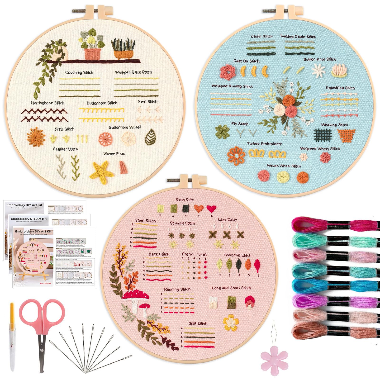 Offizon 3-Pack Embroidery Kit for Beginners — Easy DIY Cross Stitch Kit with Hoop & Accessories, Hand Embroidery Starter Kit for Adults, Floral Patterns for Sewing & Gift Making — image 1