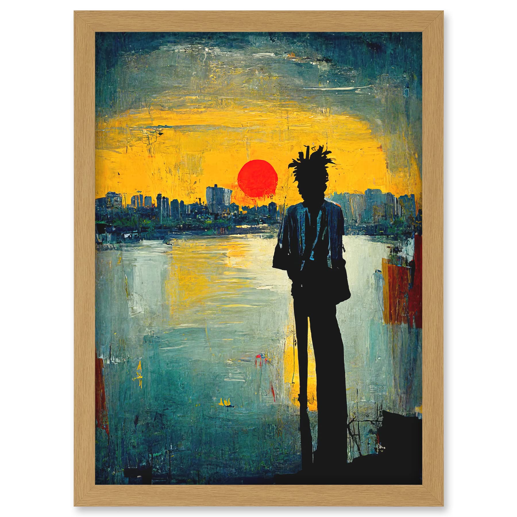 Doppelganger33 LTD Dramatic Sunset Silhouette City Skyline Lake Oil Painting Artwork Framed A3 Wall Art Print
