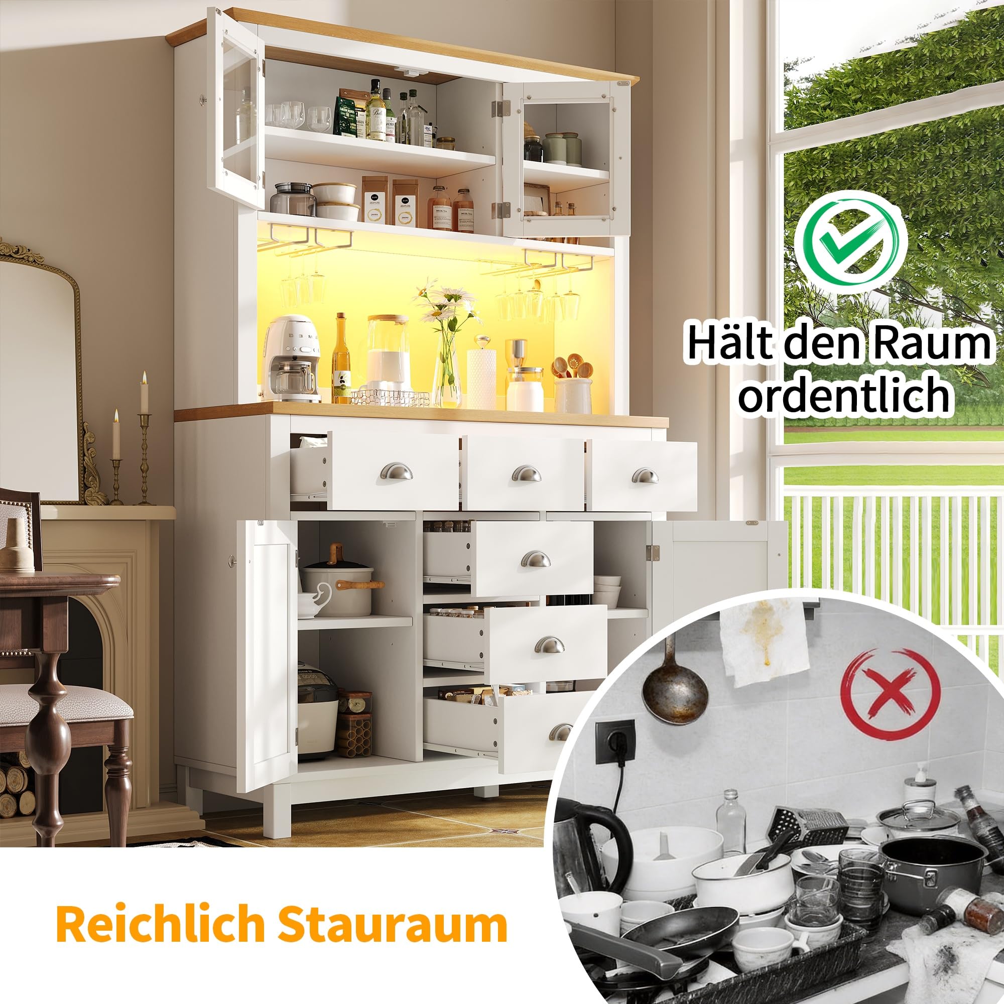 Seitenboard/Aufbewahrungsschrank/Küchenschrank/Buffetschrank, 104x40x180cm, Landhausstil, 4 Türen, mit LED-Lichtleiste & Getränkehaltern, Weiß