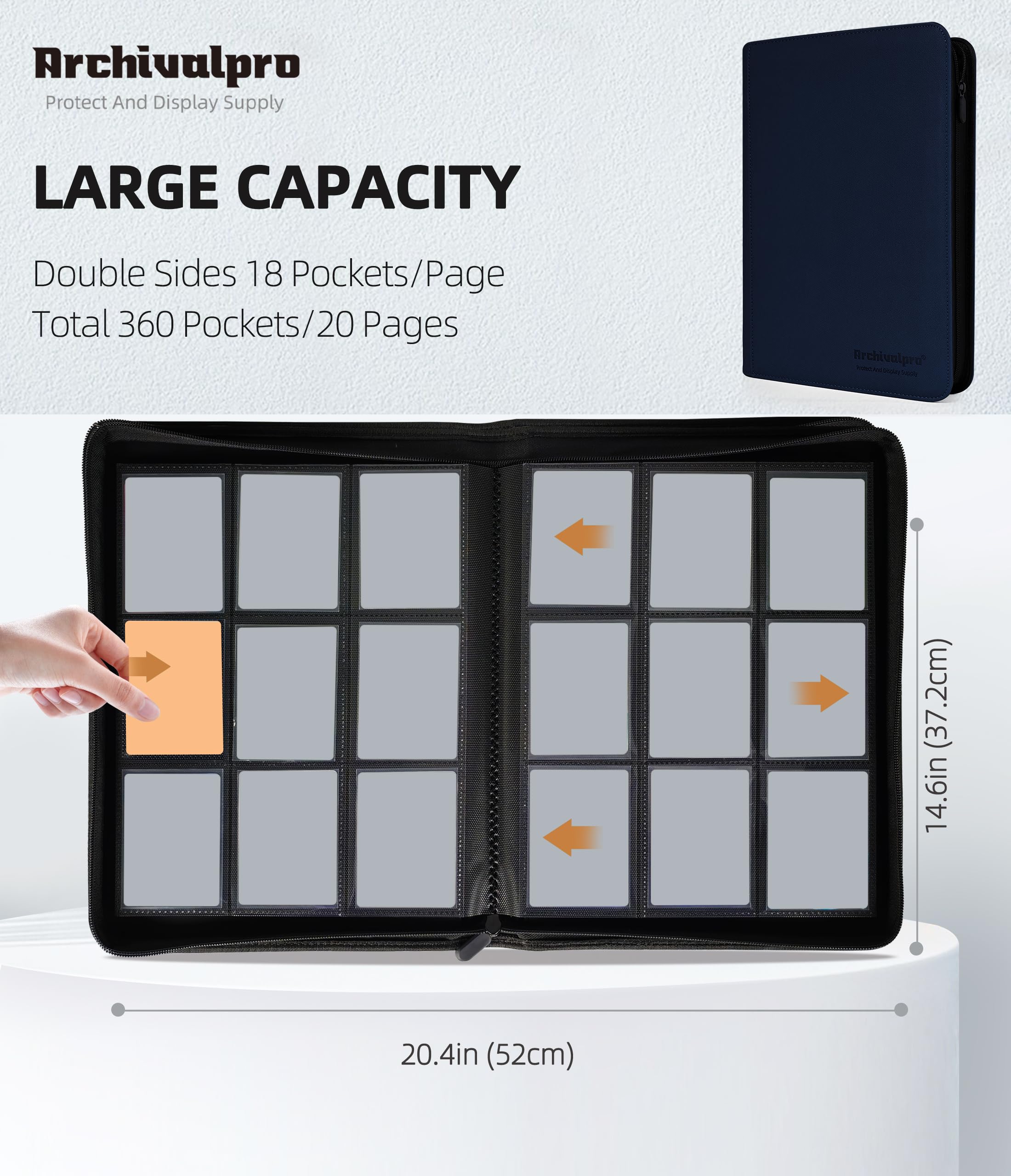 Classeur en cuir de qualité supérieure pour 360 cartes, album avec 9 pochettes/page double face, 20 pages (bleu)