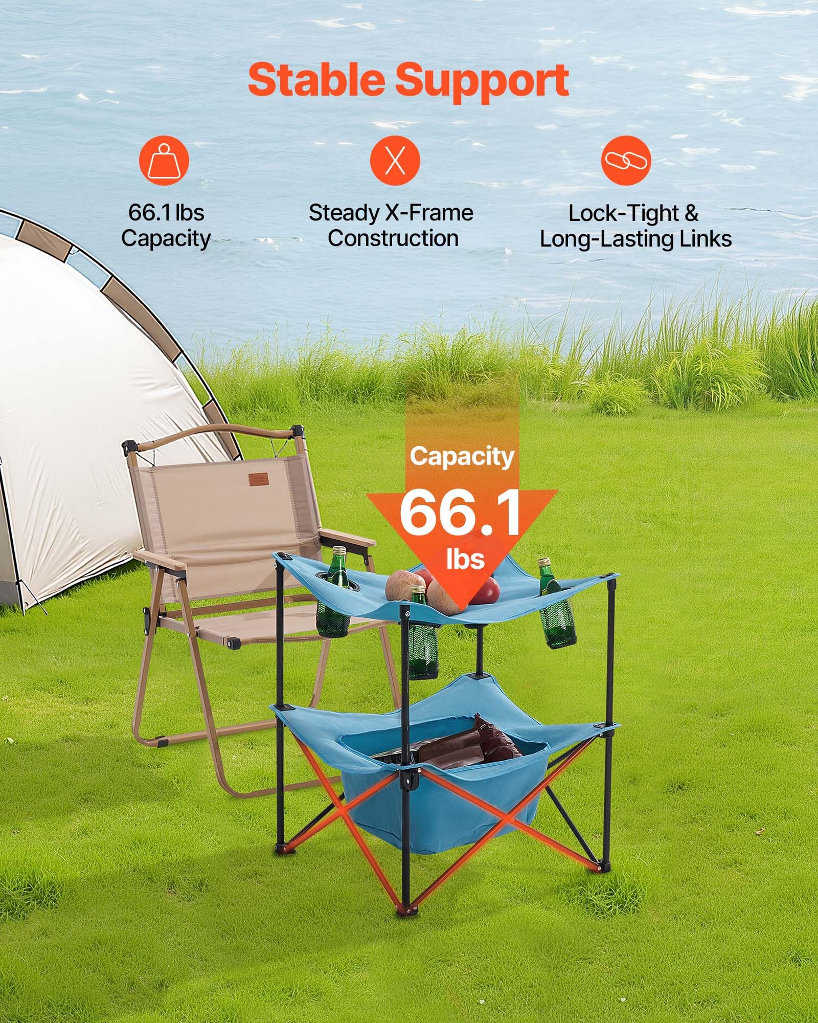 VEVOR Tavolo da Campeggio Pieghevole in Tessuto Oxford 600D Impermeabile, Tavolo da Picnic Portatile e Leggero per Esterni con 4 Portabicchieri e Borsa per Trasporto, per Picnic in Campeggio, Blu