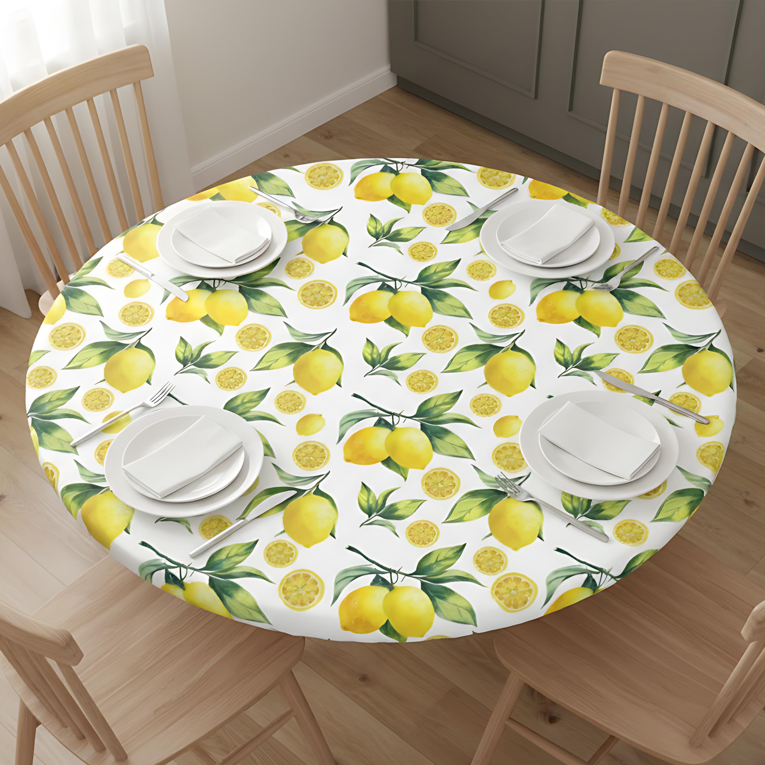 WOAIDY Elastic Edged Round Lemon Fitted Table Cloth Cover, Home Decorative Tablecloth for Indoor Outdoor Kitchen Party, Fits 40" - 44" Tables, Small