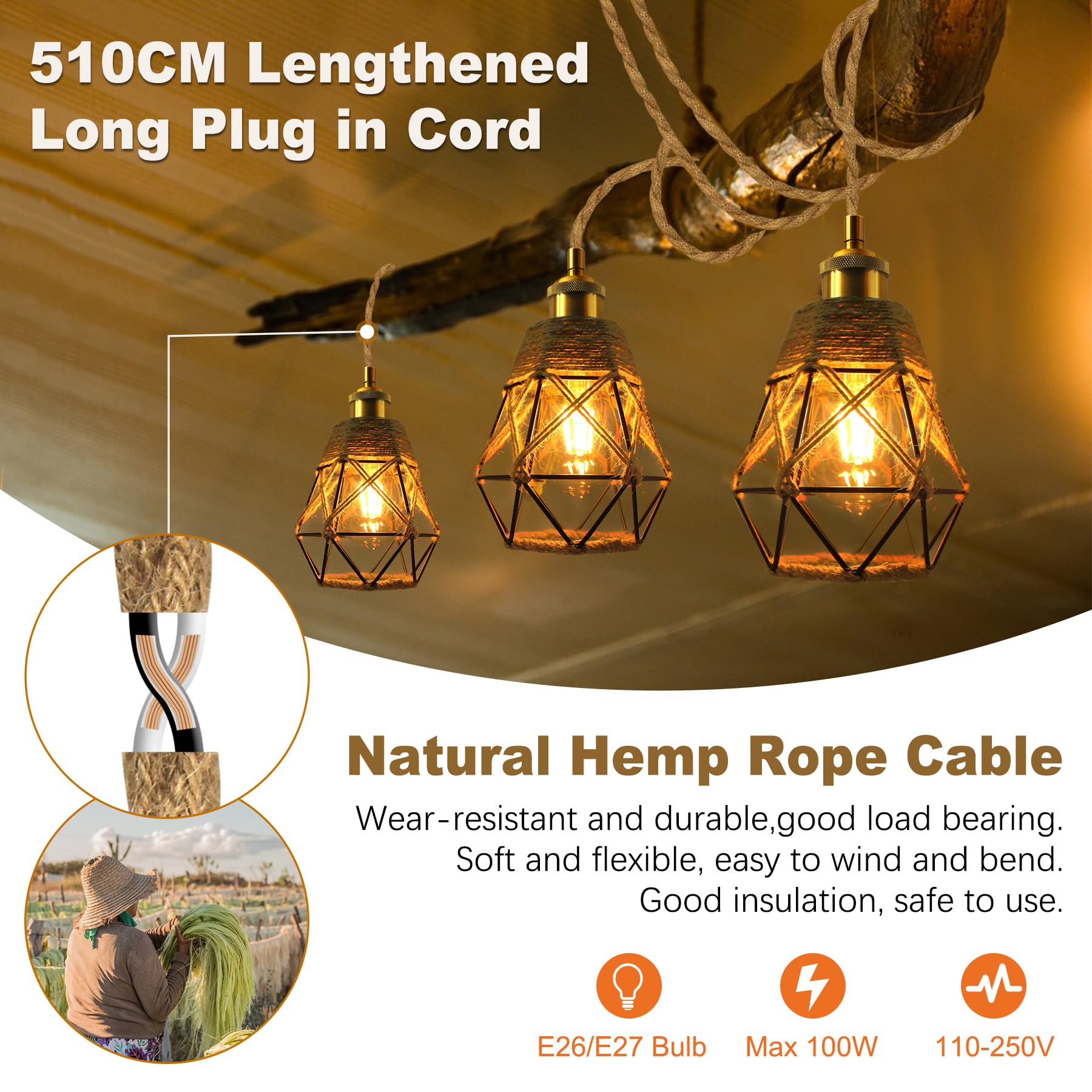 Boho Hemp Rope Plug-In Pendant Light Kit – 510cm Cord With Switch, E27 Brass Holder, Washable Rattan Shade, Vintage For Living Room, Cafe, Or Bedroom