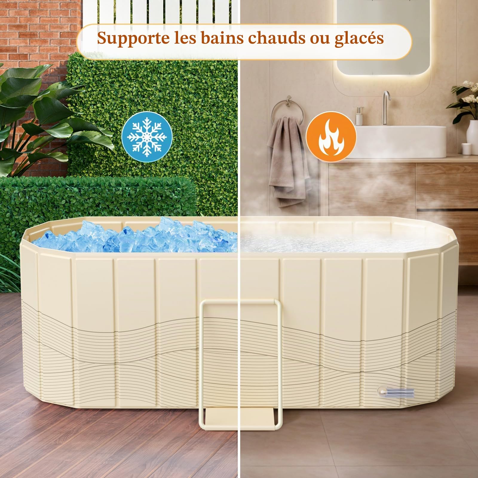 Baignoire portable pour adultes 150 x 55 x 50 cm, baignoire pliable pour adultes avec 2 trous de vidange, baignoire familiale pour glace équipée de 2 plaques de support latérales avec couvercle (Beige