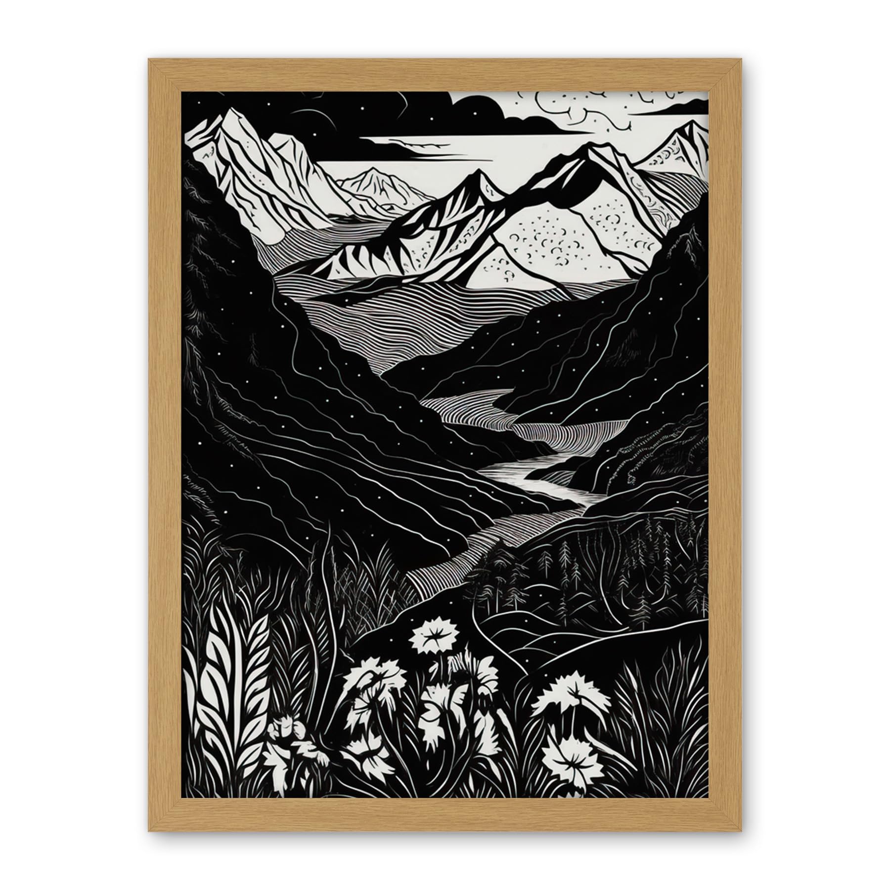 Artery8 Wildflowers in Spring Mountain Landscape Linocut Artwork Framed Wall Art Print 18X24 Inch