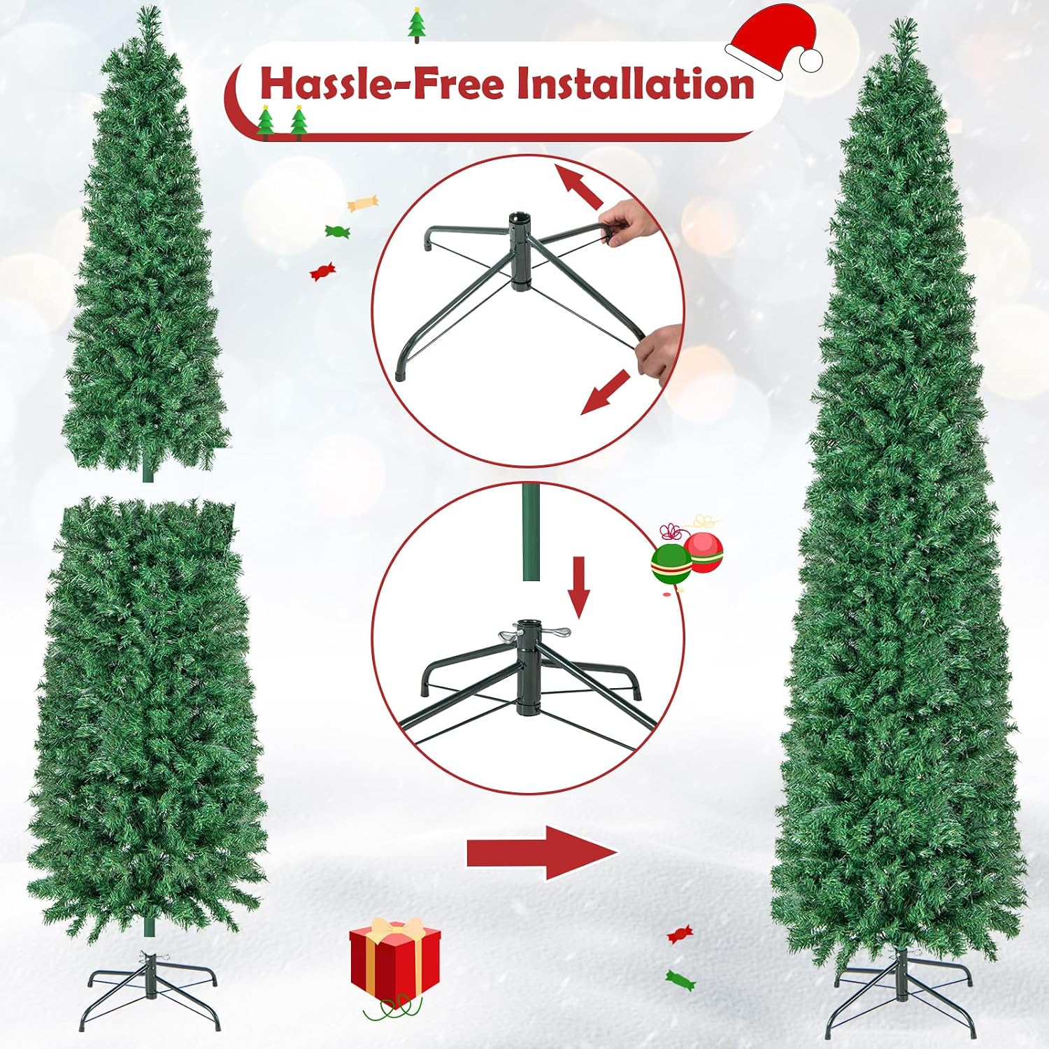 DORTALA Fiber Optic Christmas Tree 8 FT, Pre-Lit Pencil Artificial Xmas Tree with 889 Branch Tips, Metal Stand, Slim Decor Tree for Home Office Party