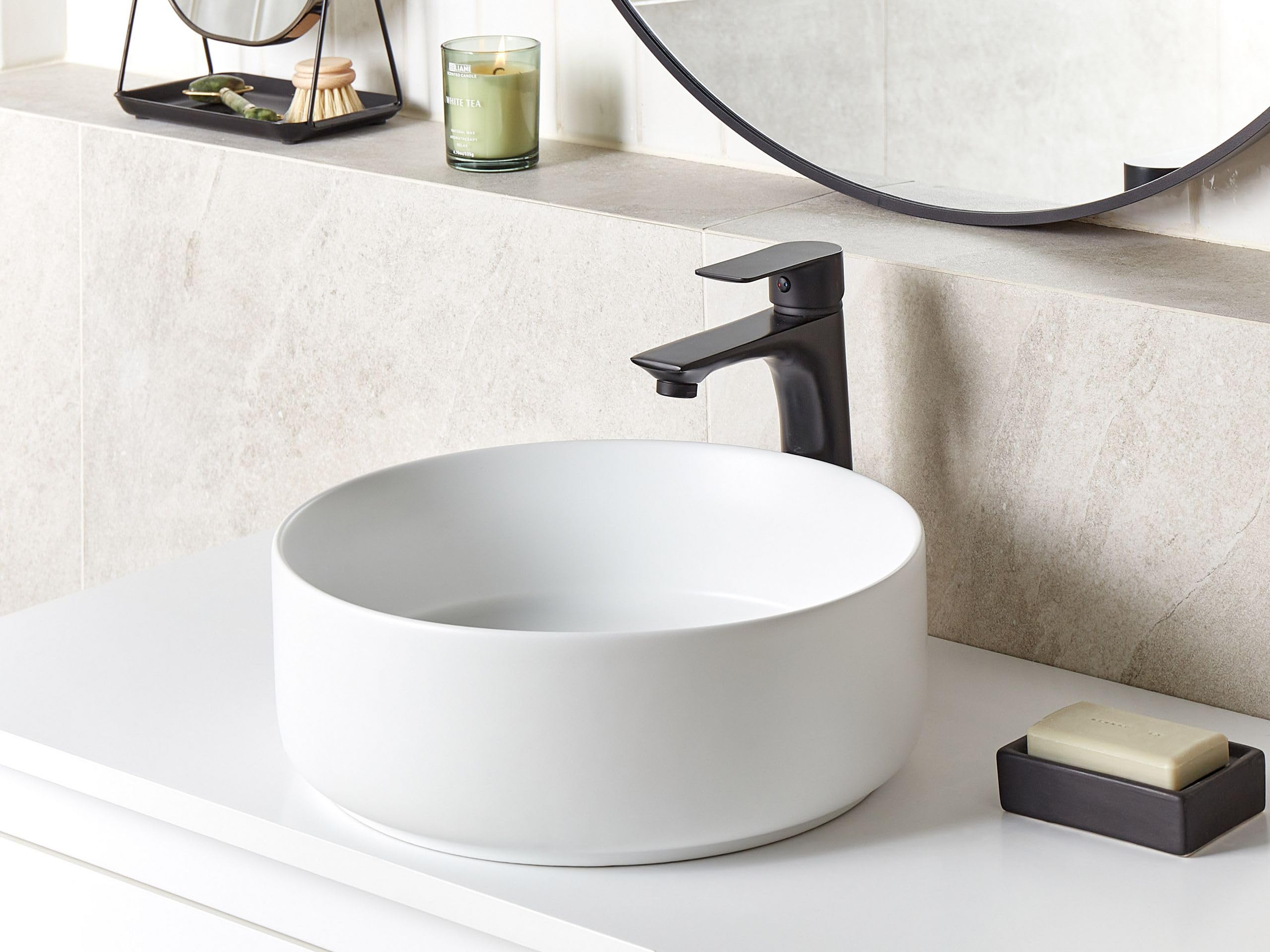 Lavabo sobre encimera de cerámica baño redondo blanco crema mate ⌀ 36 cm Calig