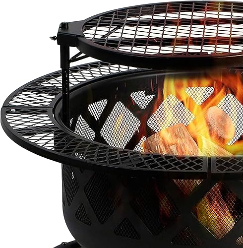 Miniatura 9 de Chimenea redonda de madera de acero de 24 pulgadas para patio trasero con parrilla giratoria extraíble de 360 grados, color negro