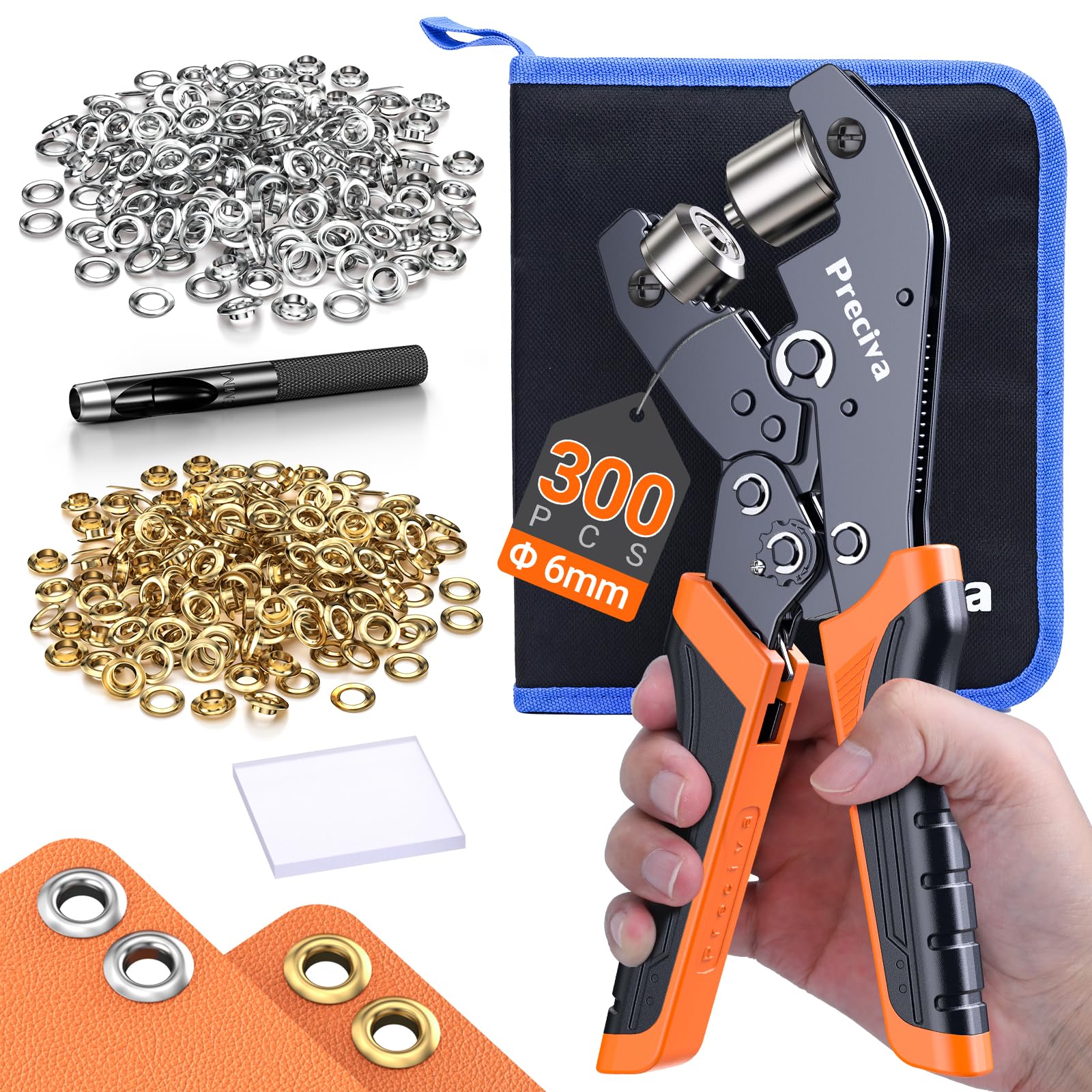 Preciva Riveter Eyelets, Eyelet Kits 300PCS (Ø 6 mm), Eyelet Pliers with Adjustable Ratchet, Gold and Silver Eyelets, Punching, Gasquet, Kit for Woven Tarpaulins Cardboard Leather and PVC