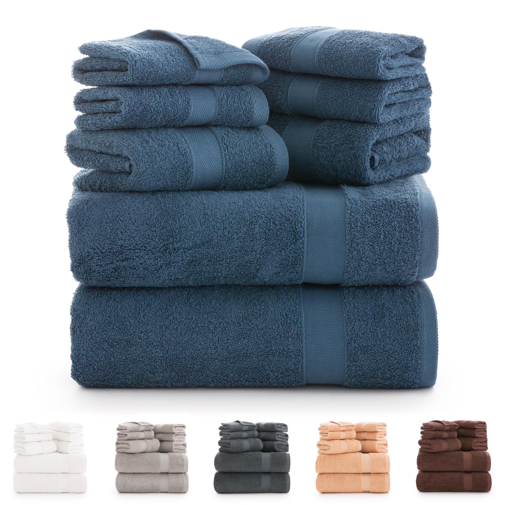 Todocama - Juego de 8 Toallas de Baño 100% Algodón (550 gsm) Extra Suaves, Alta Absorción y Secado Rápido, 2 Toallas de Baño, 2 de Mano y 4 de Cara (Azul Marino)