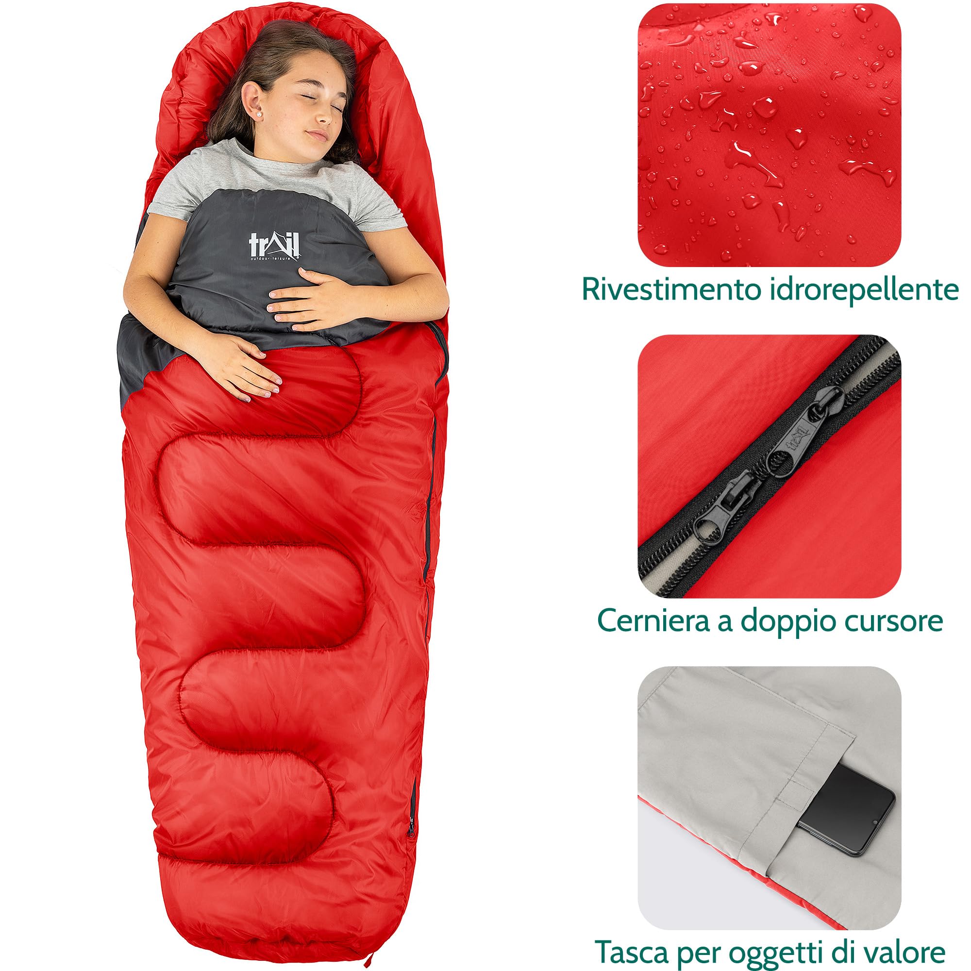 Trail Sacco a Pelo Bambini Stile Mummia 3 Stagioni 300 gsm Sacco a Pelo Leggero e Compatto per Bimbo e Bimba con Zainetto per Trasporto Incluso Accessori Campeggio