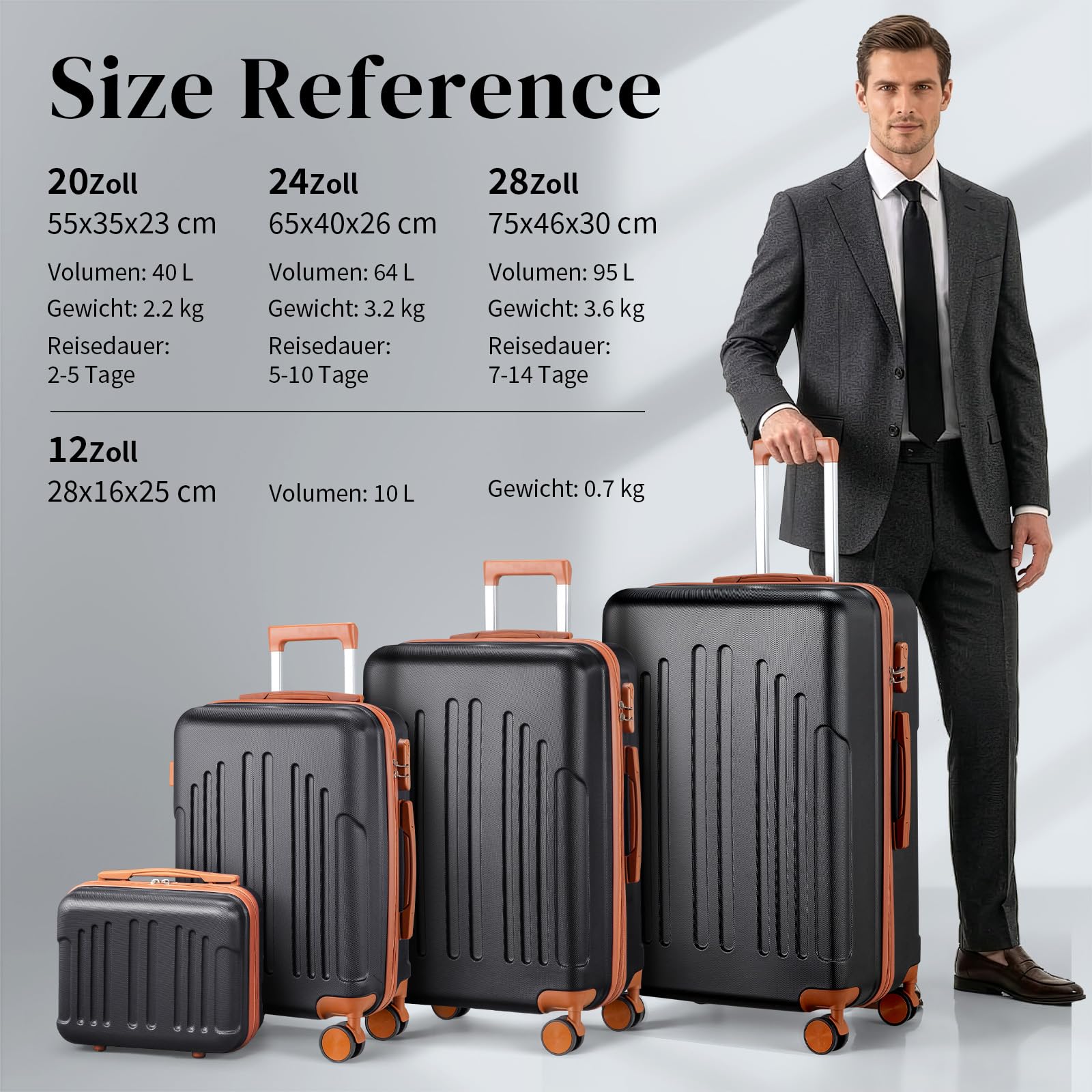 LALAHO Kofferset 4 teilig Hartschale mit Kosmetikkoffer (Schwarz-Braun) | Koffer Set 4 Stück aus ABS, Reisekoffer mit Rollen Groß, Hartschalenkoffer Set, Koffer & Trolleys, Handgepäck