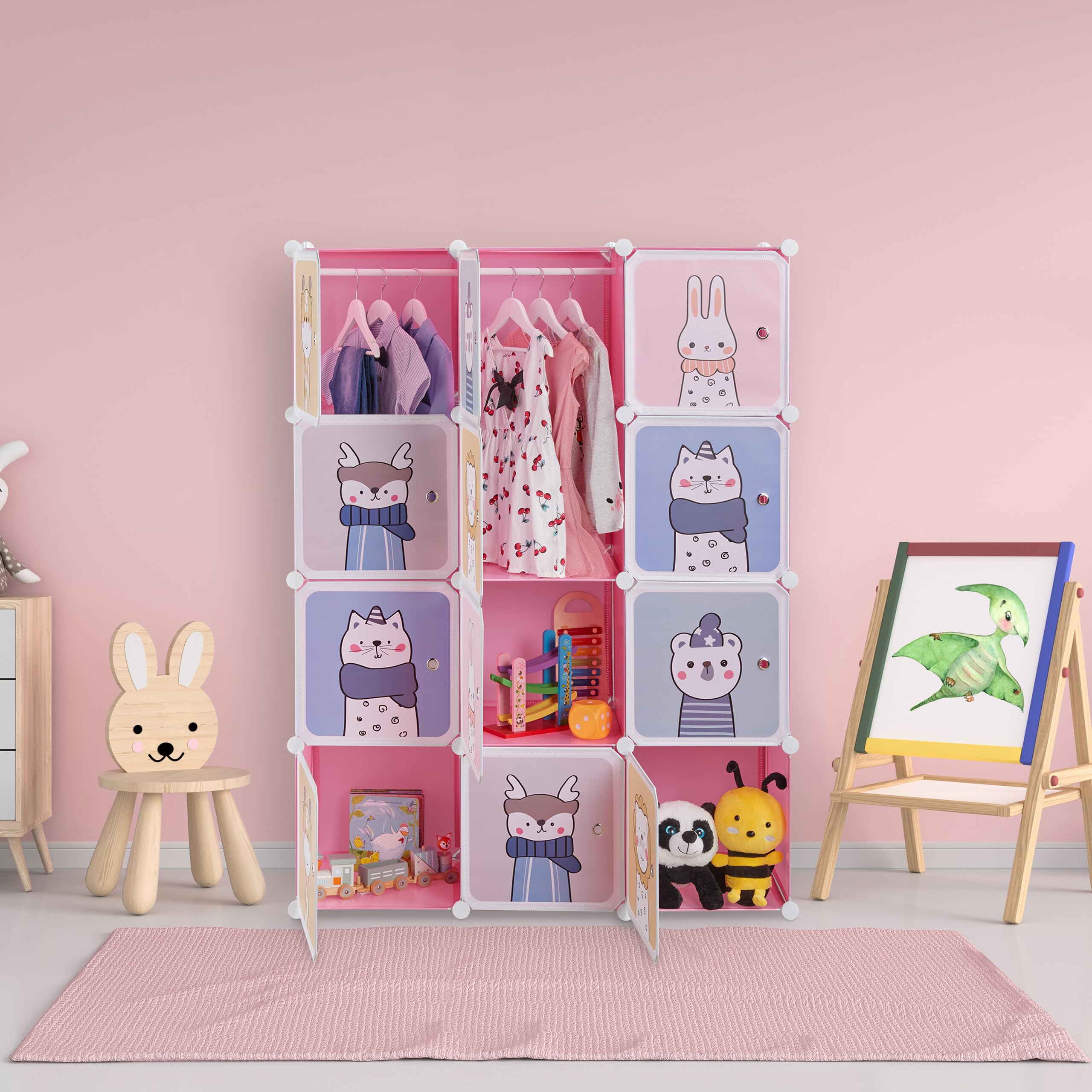 Relaxdays Scaffale Componibile da Cameretta, 2 Aste Appendiabiti, Disegni Animali, HLP: 145x110x37 cm, Incastro, Rosa