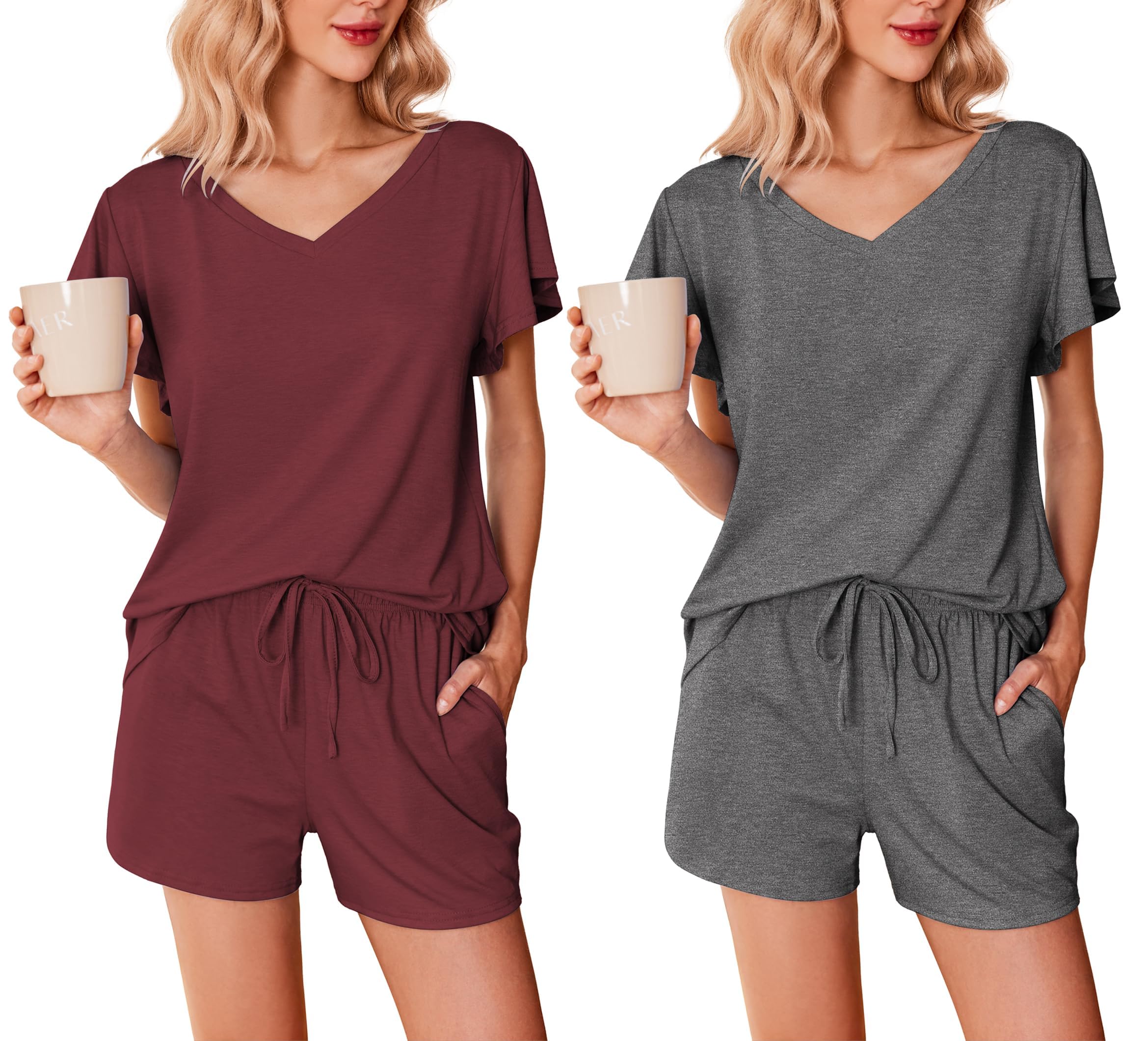 Ekouaer 2 Pack Women's Short Summer Pyjama Set, Ruffle Sleeves, V-Neck, Short Sleeve Shorts, Soft and Lightweight, Comfortable Loungewear, Sleepwear with Pockets, S-XXL