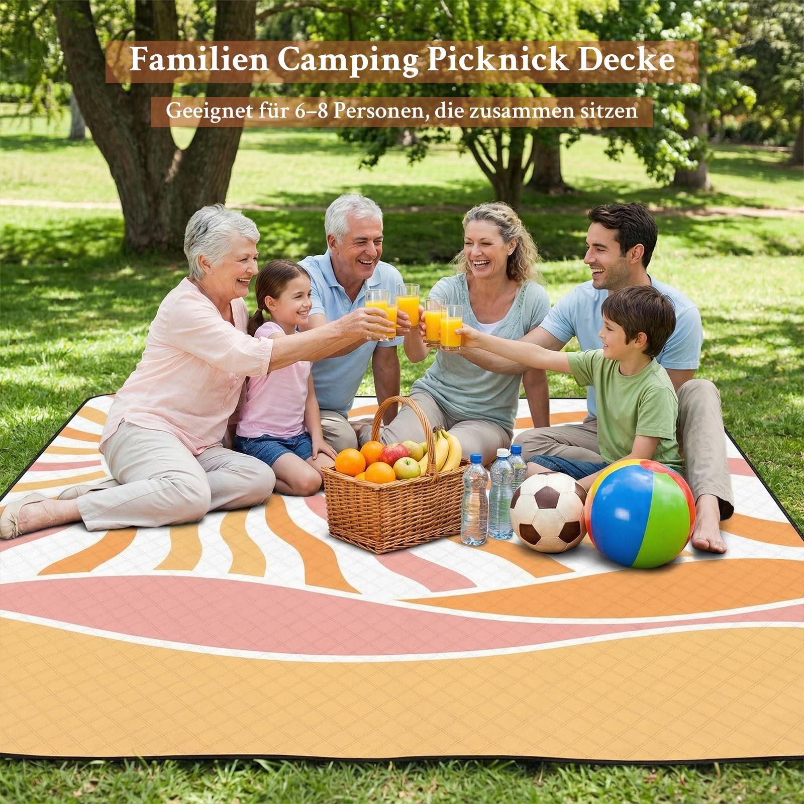 TXBOBECO Picknickdecke 200x200cm XXL, Stranddecke Wasserdicht Sandfrei, Outdoor Camping Decke mit Tragegriff & Heringen, für Picknick, Camping, Park, Garten - Sonne