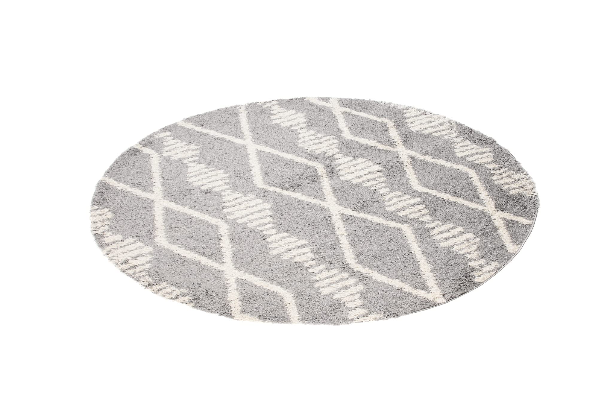 TAPISO Boho Rond Tapis Shaggy Poil Long Design Moderne Gris Crème Motif Aztèque Ethnique Losanges Tapis Salon Chambre Ado Enfant Oeko-TEX Résistant Moelleux 160 x 160 cm