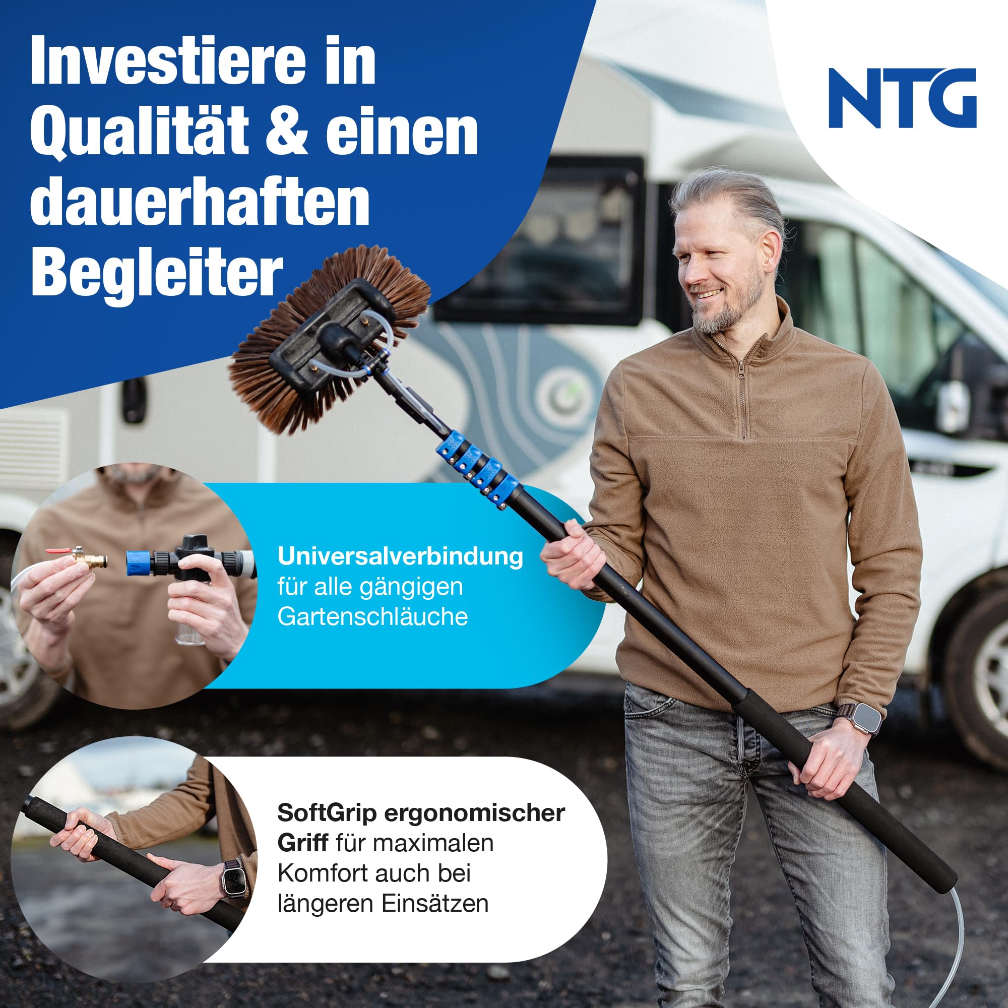 NTG Teleskop Waschbürste 4,6m 3-in-1 Bürstenkopf mit extra weichen Borsten | Mikrofasertuch & Abzieher + Wasseranschluss | Wintergarten Reinigungsset PV Anlage Reinigung Waschbürste mit Teleskopstiel