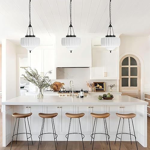 Miniatura 5 de Lámpara colgante de vidrio de leche, lámparas de techo modernas de mediados de siglo de mediados de siglo, acabado negro con vidrio esmerilado,