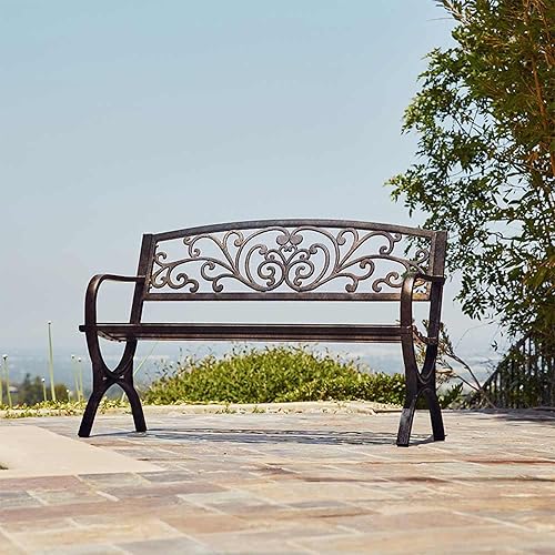 BELLEZE Antique Style Outdoor Bench with Armrests for Pool, Park, Garden, Cast Iron Metal Seat for Backyard, Home, Vintage Style Patio Furniture - Bronze