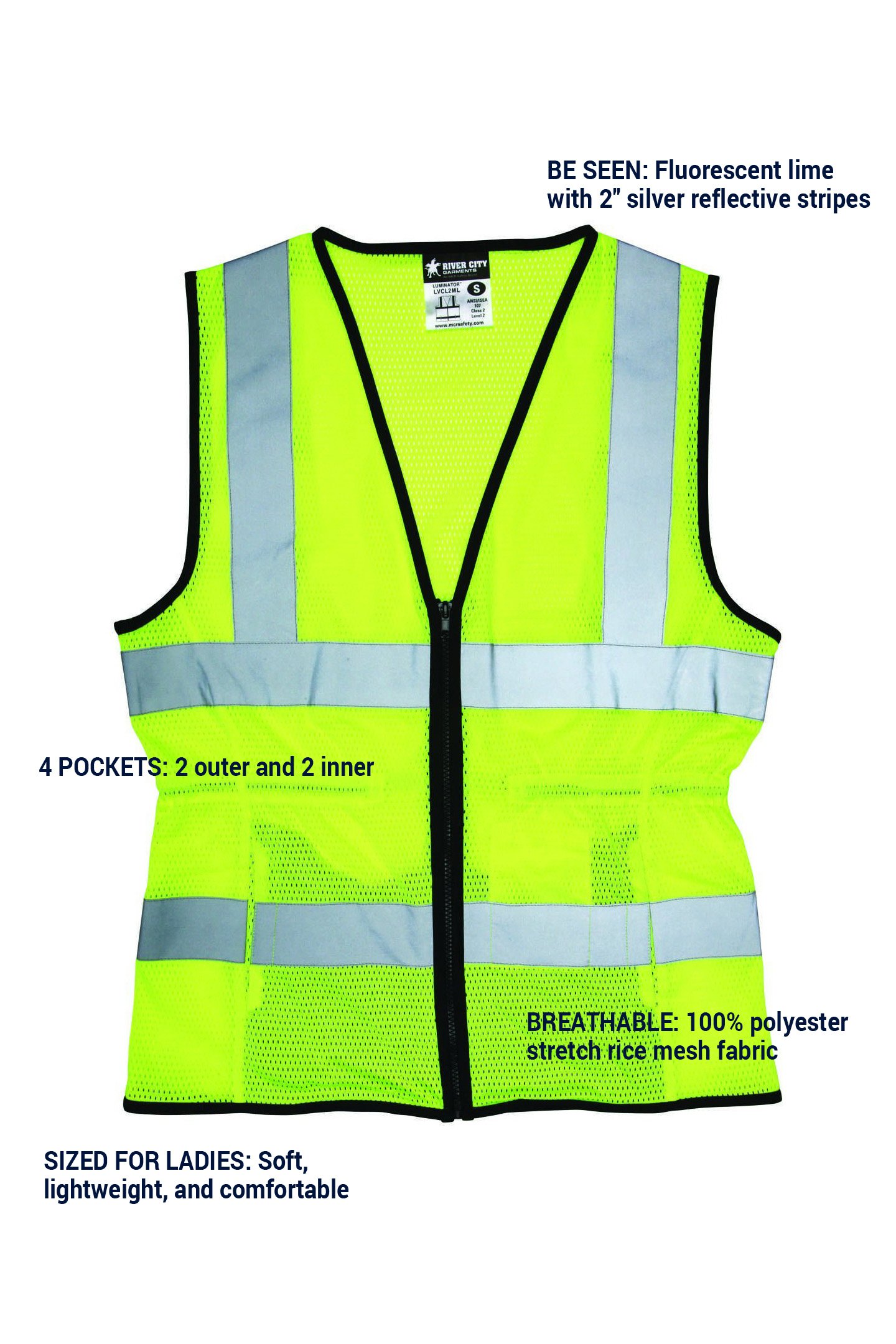 MCR Chaleco de seguridad para mujer, clase 2, rayas reflectantes plateadas, cierre frontal