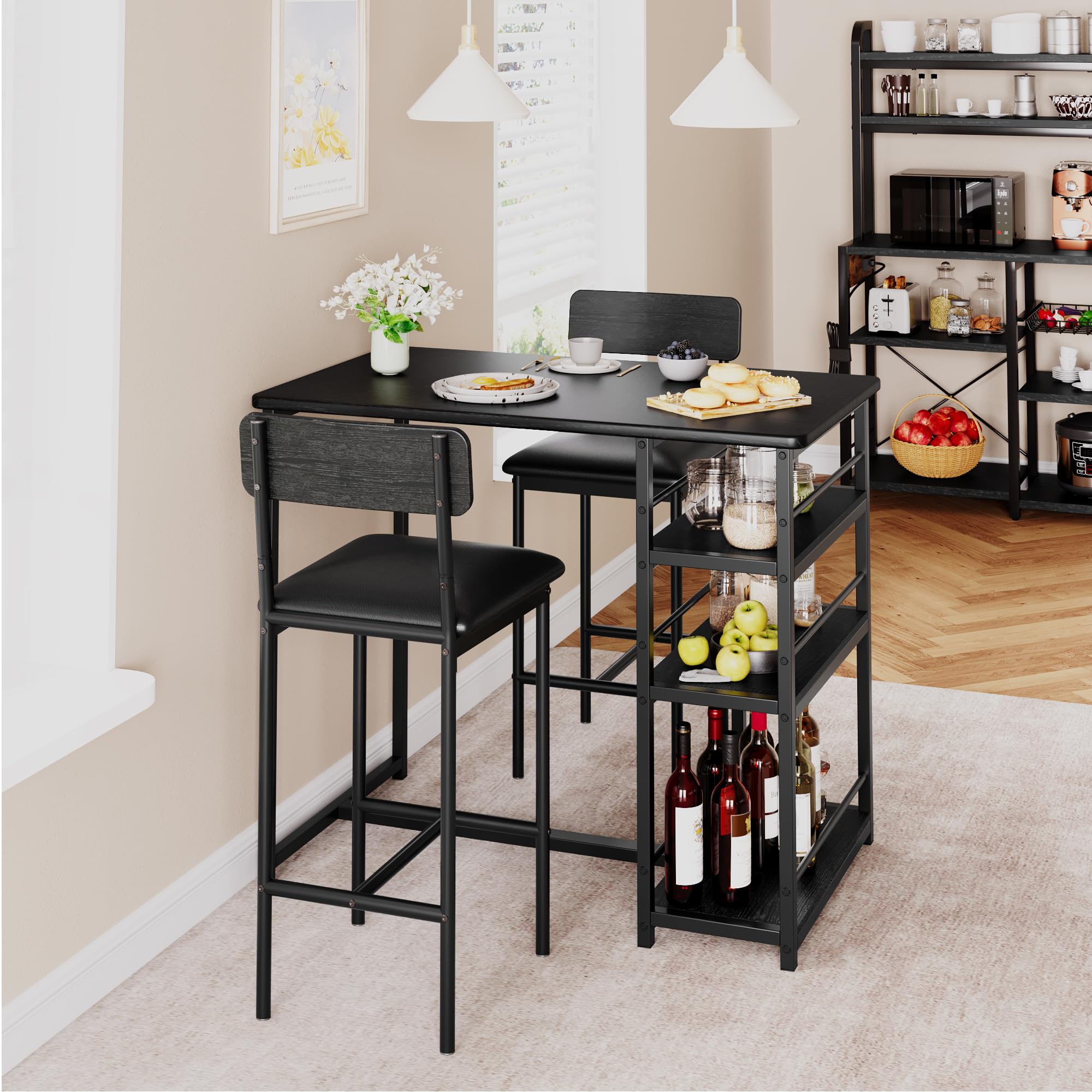 Bartisch mit Barhocker Set, 3-Teilig Kleiner Esstisch mit 2 Gepolsterten Stühlen & 3 Ablagen für Küche, Esszimmer, Bartisch mit 2 Stühlen für Kleine Räume