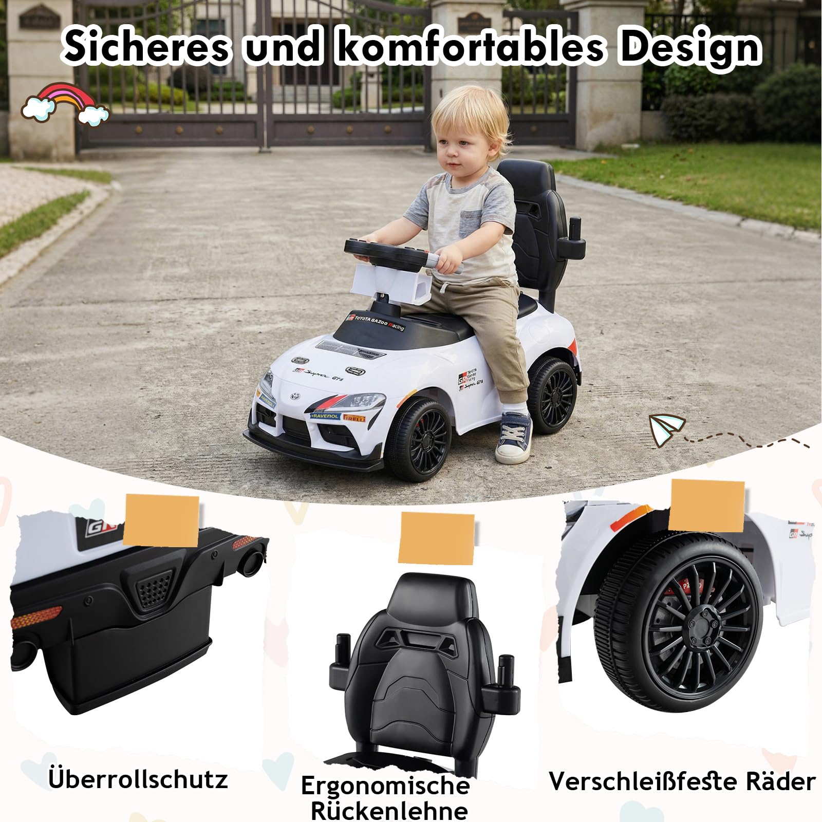 GOPLUS 3 in 1 Schiebeauto, Rutschauto Toyota mit verstecktem Stauraum & Musik, Rutschfahrzeug mit Schiebestange, Kinderfahrzeug für drinnen & draußen für Kinder von 18–60 Monaten (Weiß)
