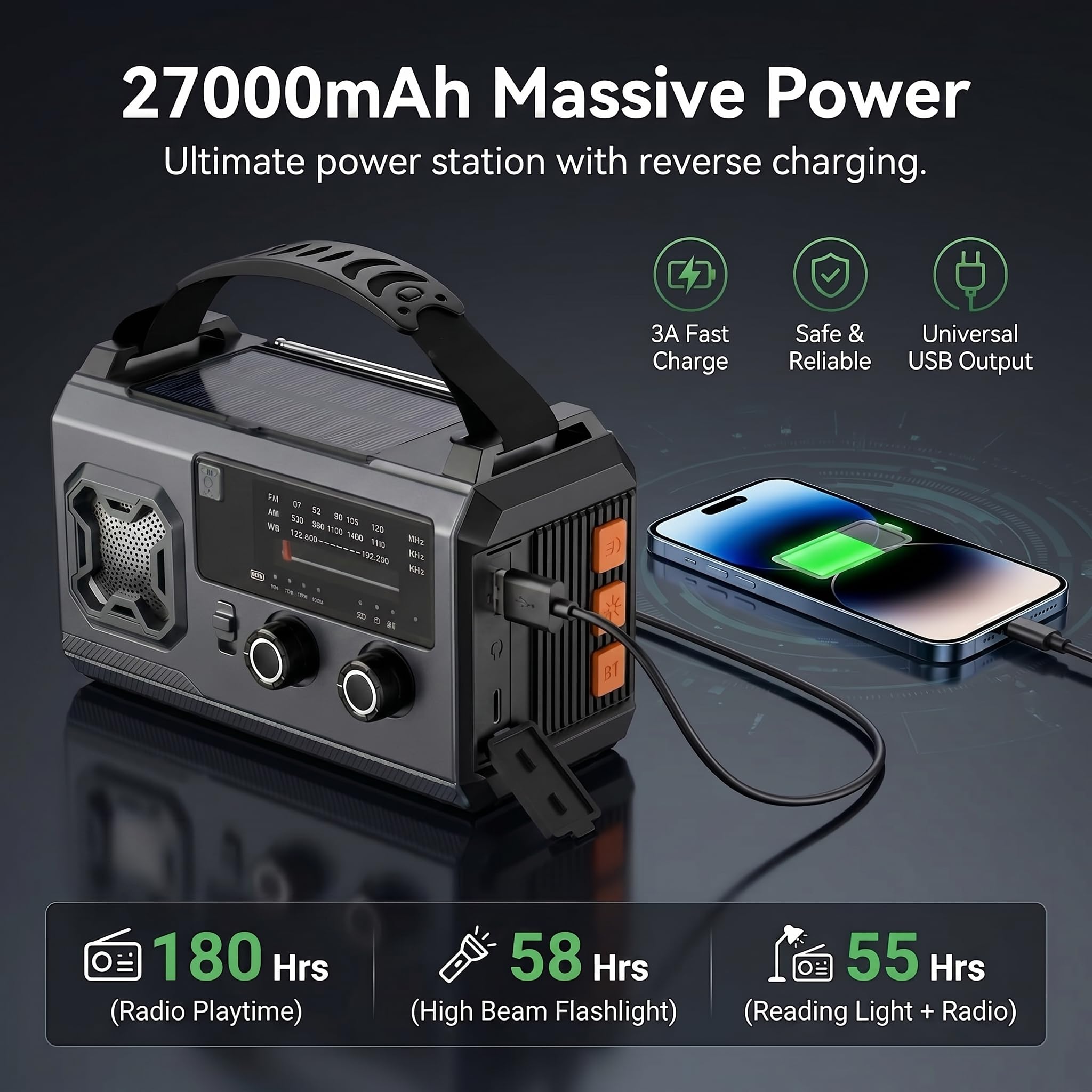 Radio Solar de Emergencia con Manivela, Powerbank 27000mAh (Gris)