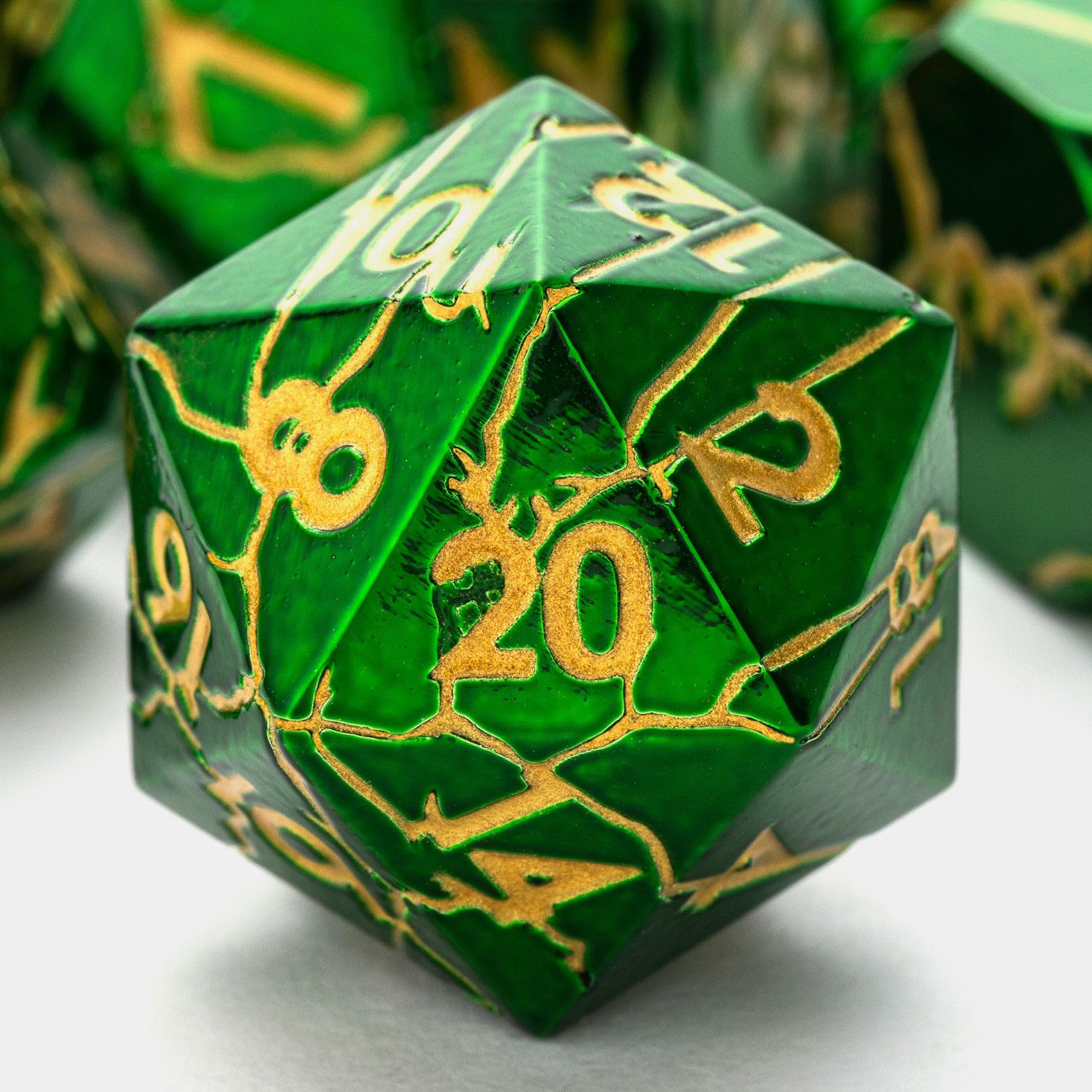 Metal Dice for DND - Ancient Cracked Lightning - Green Gold Cracks — image 1