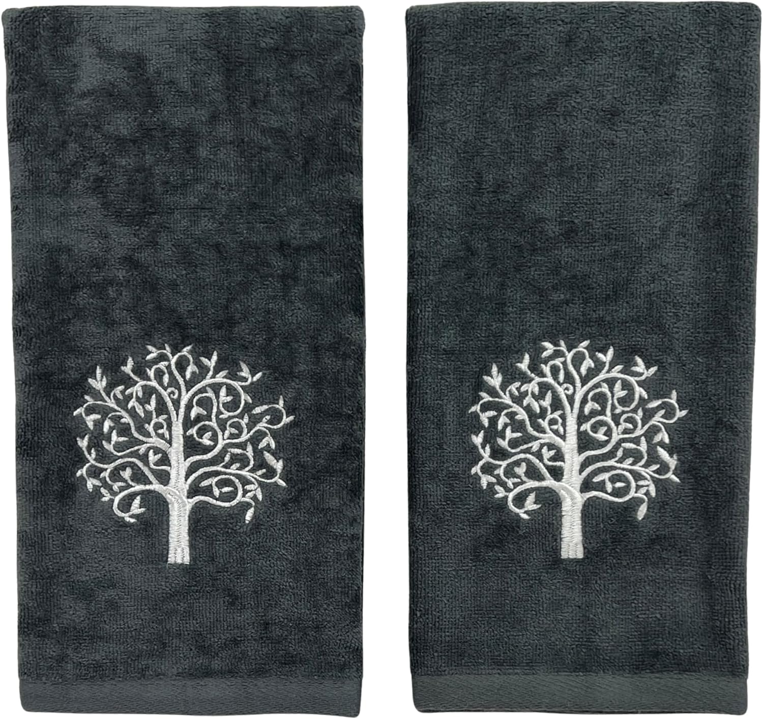 Serafina Home Tree of Life Bath Hand Towels Bathroom Decor Farmhouse: Grey Gray Cotton Towels with Embroidered White Ornate Tree, 2 Piece Set