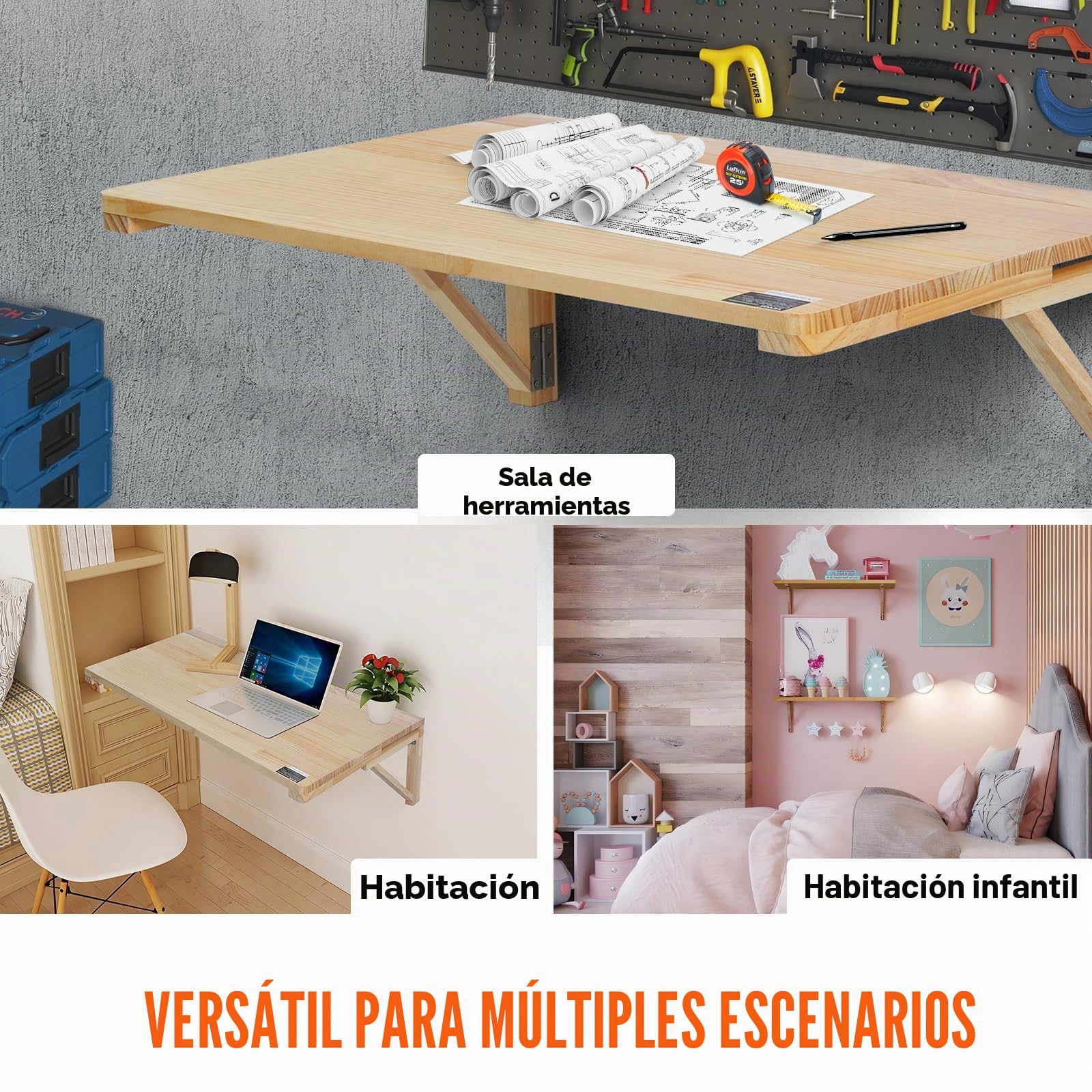 VEVOR Mesa Plegable de Pared, 800 x 600 x 298 mm, Escritorio Flotante de Madera con Soporte de Hierro, Mesa Plegable para Espacios Pequeños, Oficina en Casa, Comedor, Cuarto de Lavado, Cocina, Bar