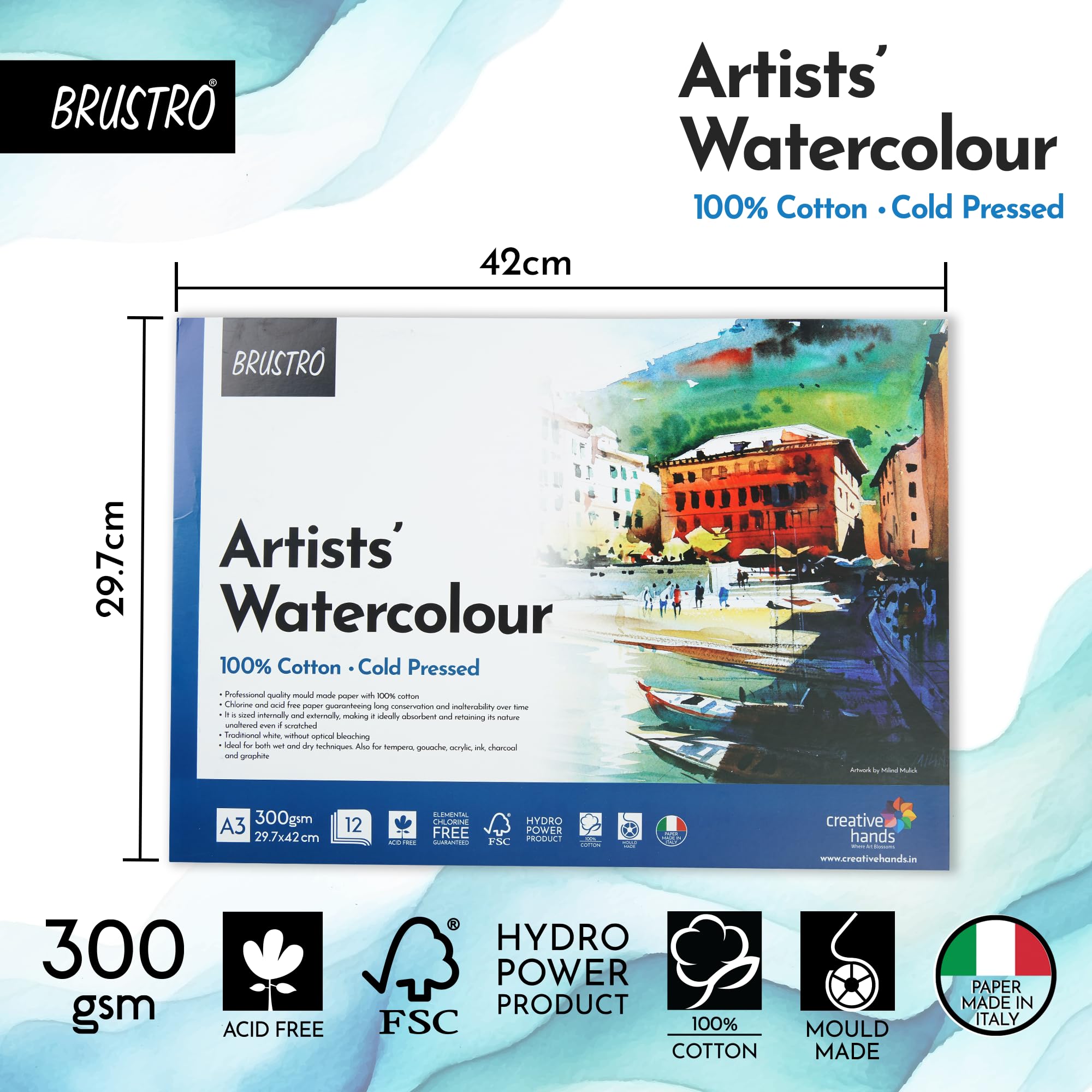 Brustro Künstler-Aquarellpapierblock, 100 % Baumwolle, kaltgepresst, 300 g/m², A3, 12 Blatt, ideal für professionelles Zeichnen, Malen, trocken und nass, Kunststudenten