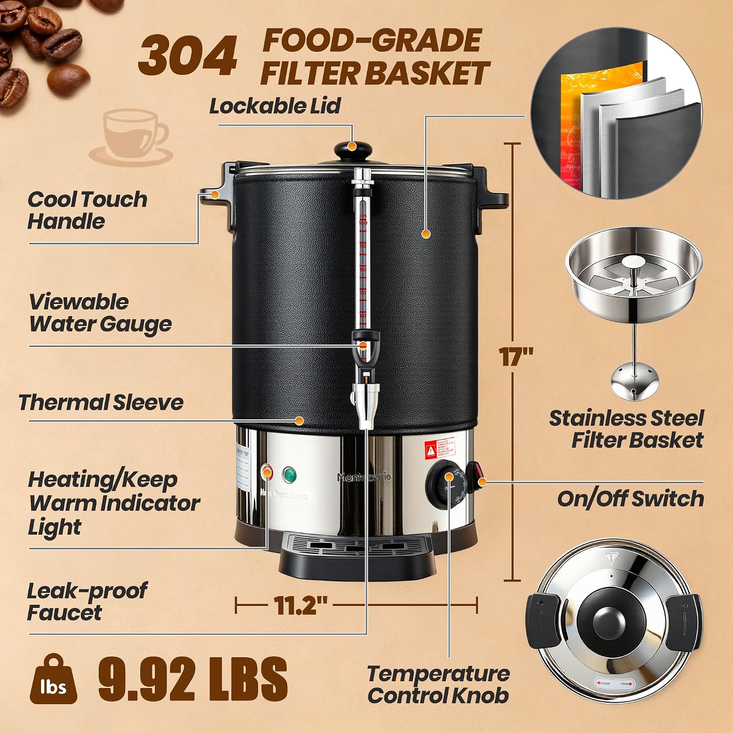100 Cup Commercial Coffee Urn - Double-Wall Stainless Steel Large Coffee Percolator Dispenser, Quick Brew & Keep Hot, 100 Cup Coffee Maker for Events, Catering, Parties, Also for Tea, Water, Beverages