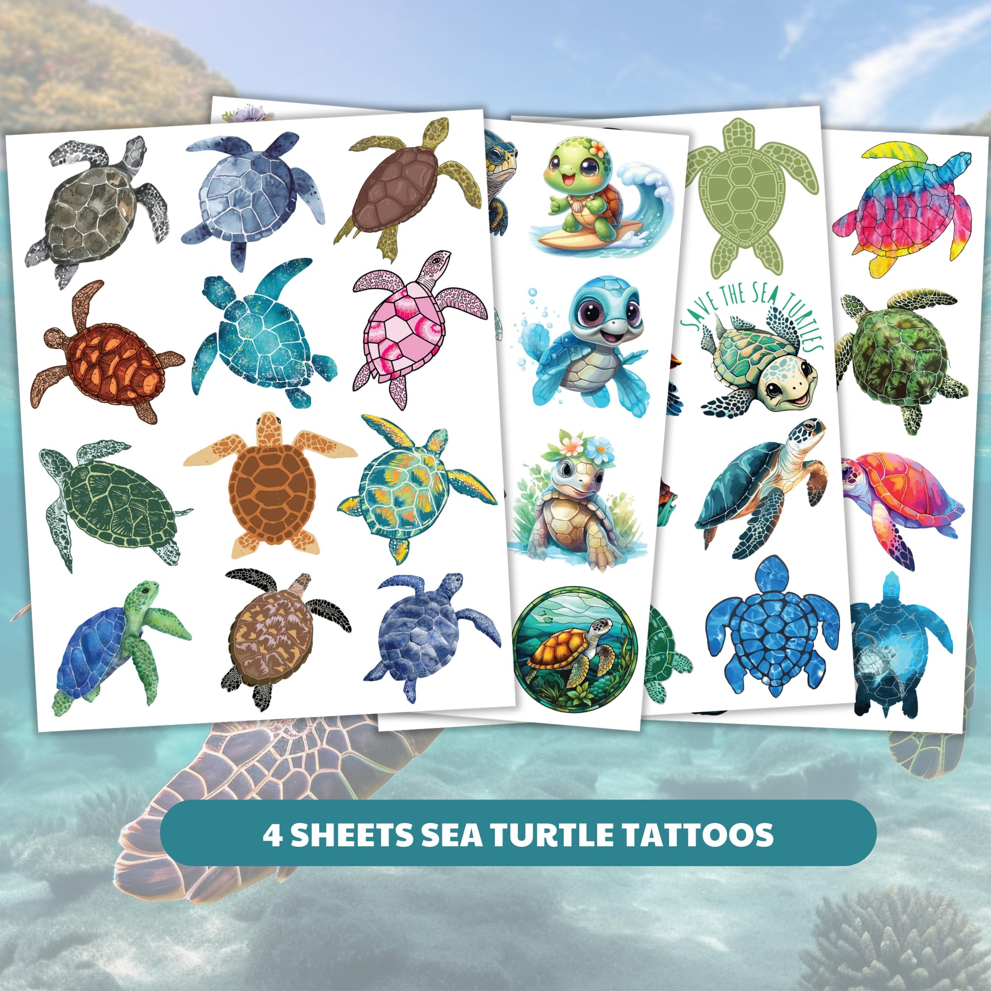 Sea Turtle Temporary Tattoos, Turtle Waterproof Temporary Tattoo Stickers for Birthday Decorations Party Supplies Party Favors School Rewards Gifts