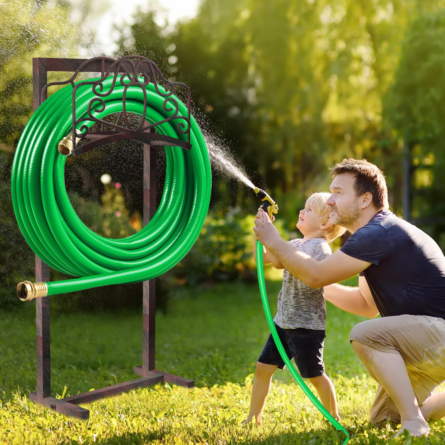 Soporte para manguera de jardín independiente, soporte mejorado para manguera de agua con 4 picos, soporte de carrete de manguera resistente para manguera de 150 pies para patio exterior